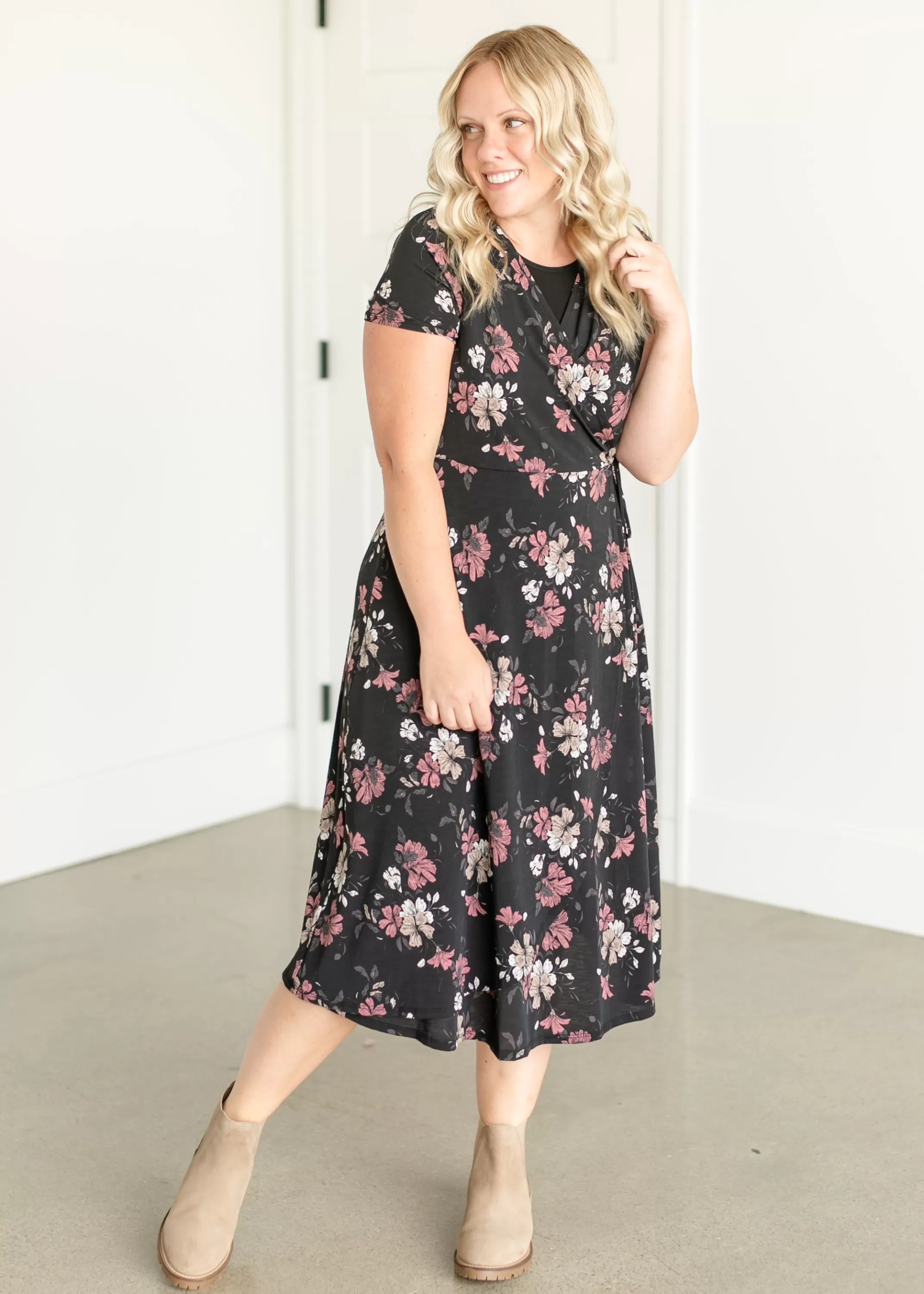 Hot Floral Midi Wrap Dress Women Nursing Friendly