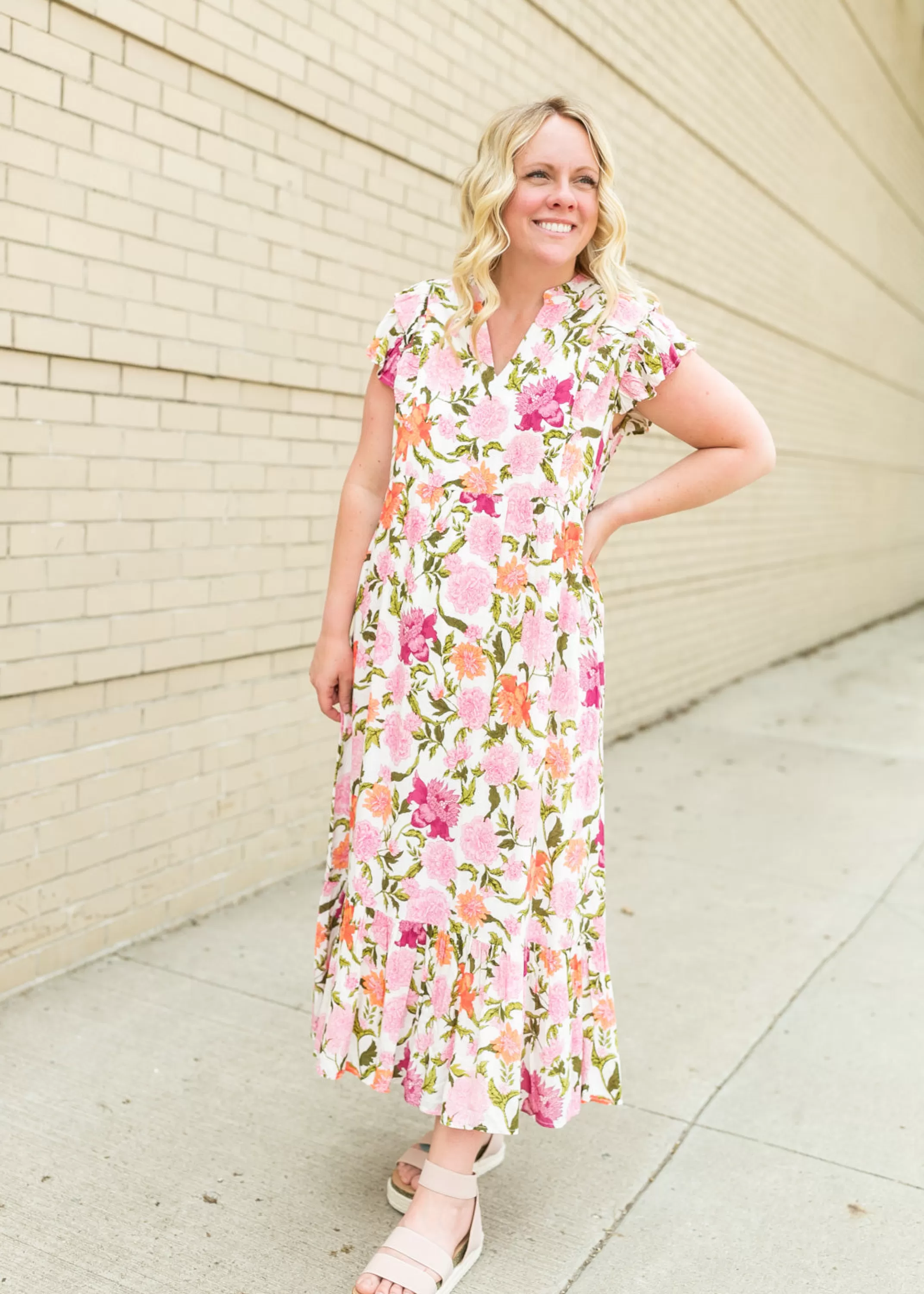 Sale Floral Print Ivory Midi Dress Women Maternity Friendly