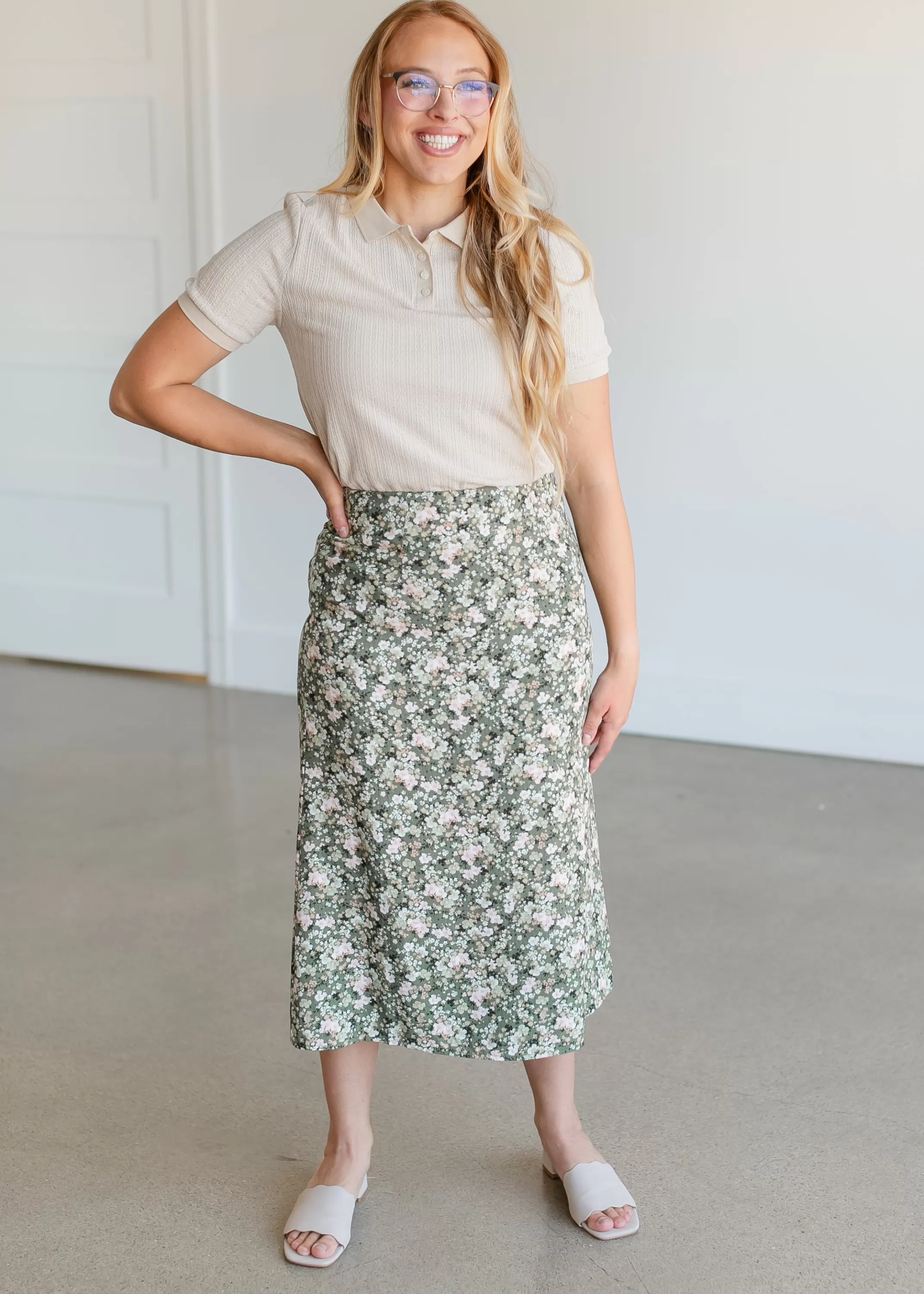 Cheap Floral Side Zip Midi Skirt Women Straight Fit