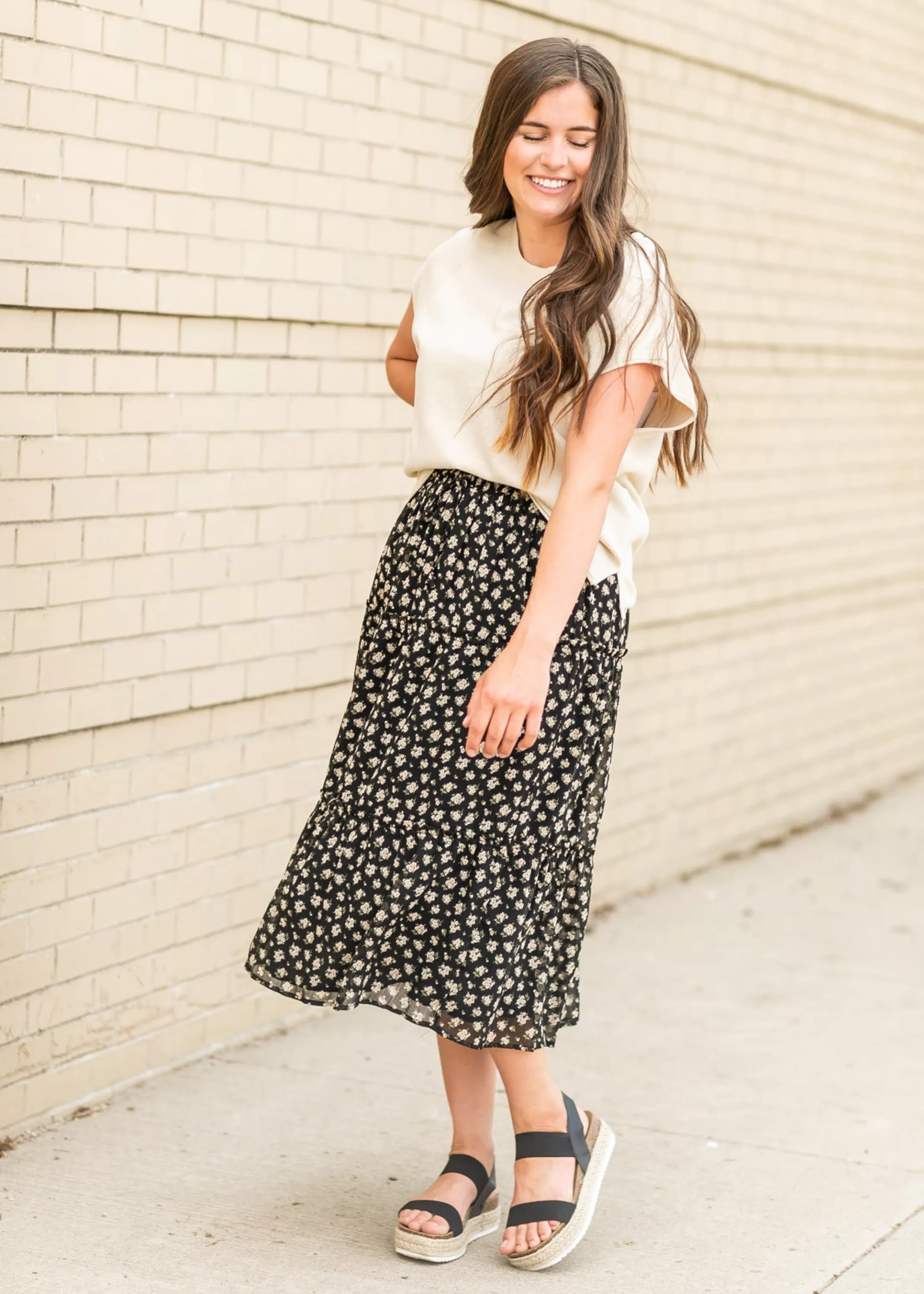 Sale Floral Smocked Waist Midi Skirt Women Maternity Friendly