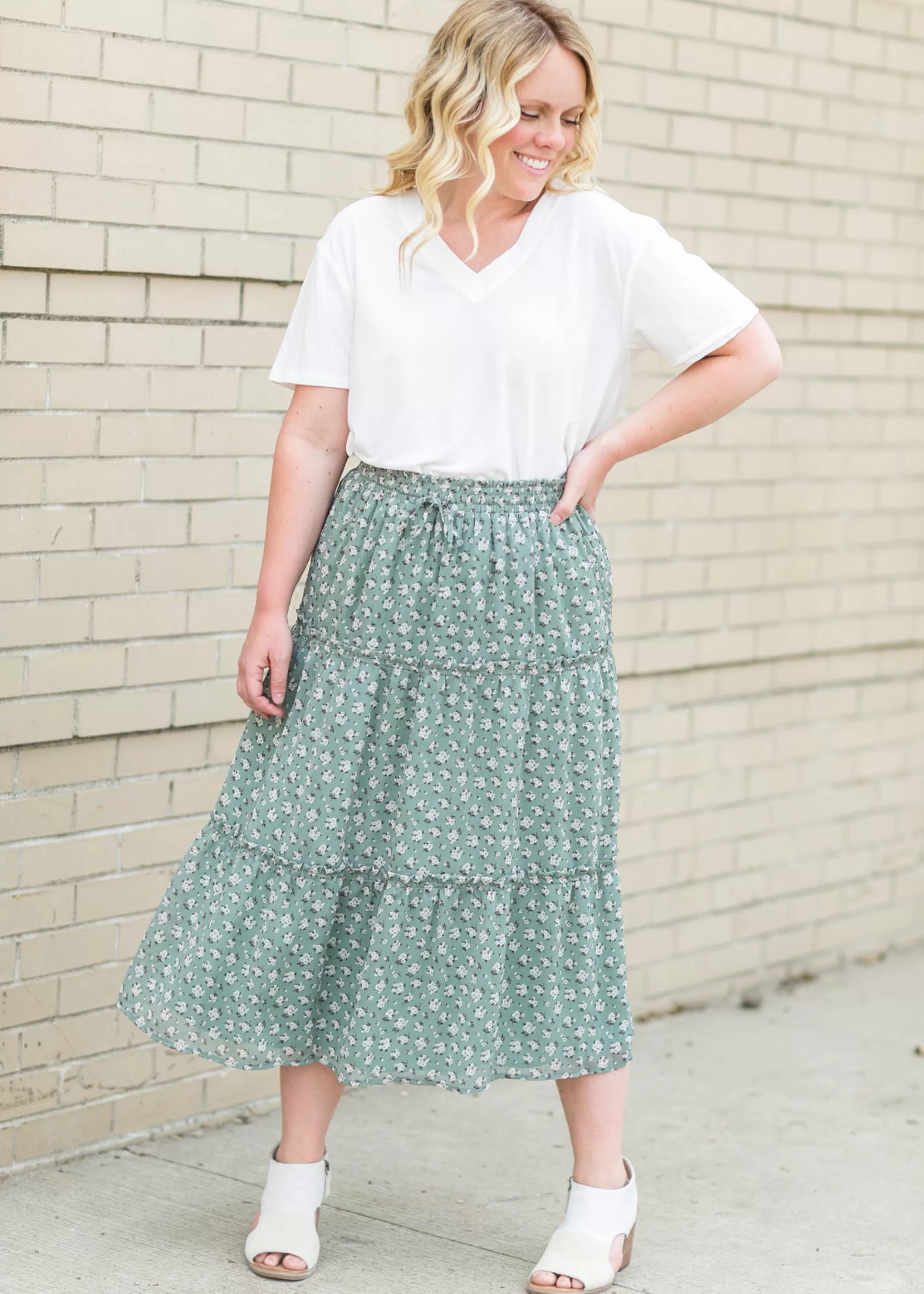Sale Floral Smocked Waist Midi Skirt Women Maternity Friendly