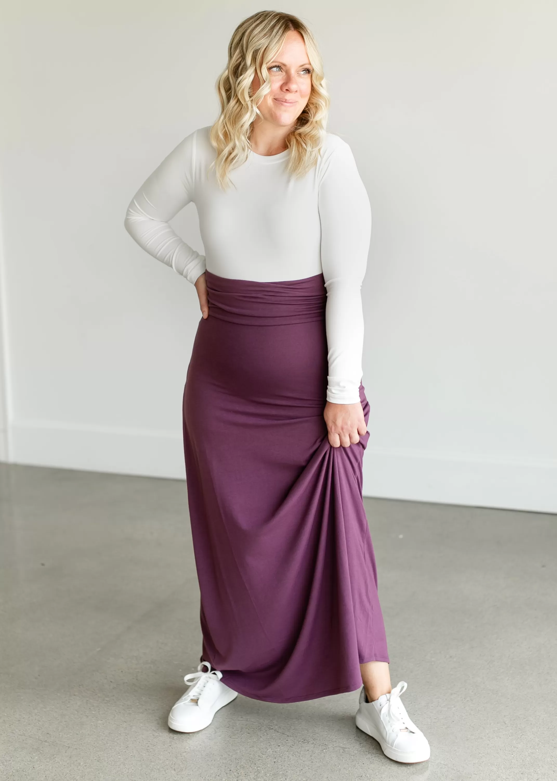 Fashion Foldover Waist Pull On Maxi Skirt Women Maternity Friendly