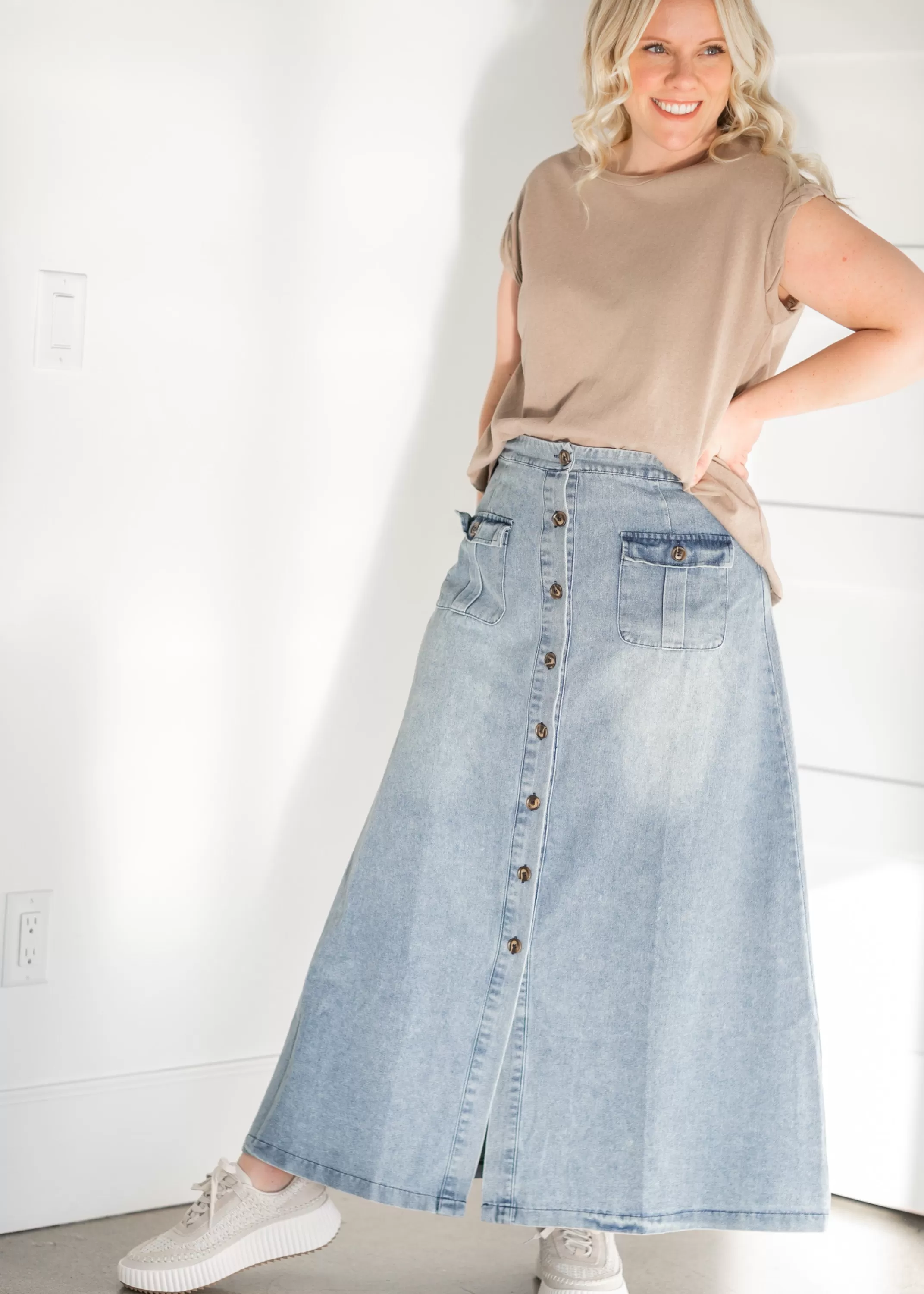 Fashion Front Button Down A-Line Denim Maxi Skirt Women Slit