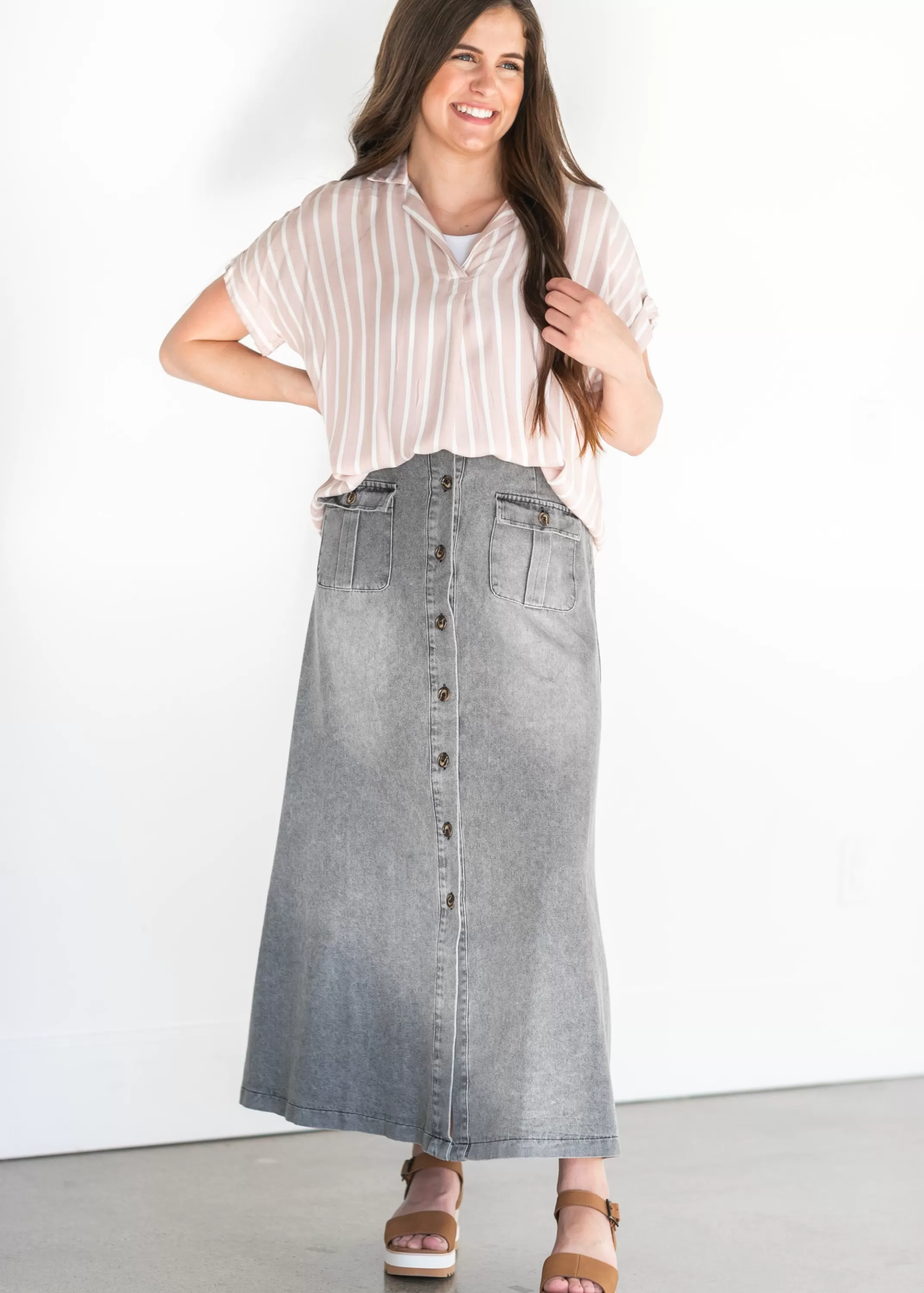 Fashion Front Button Down A-Line Denim Maxi Skirt Women Slit