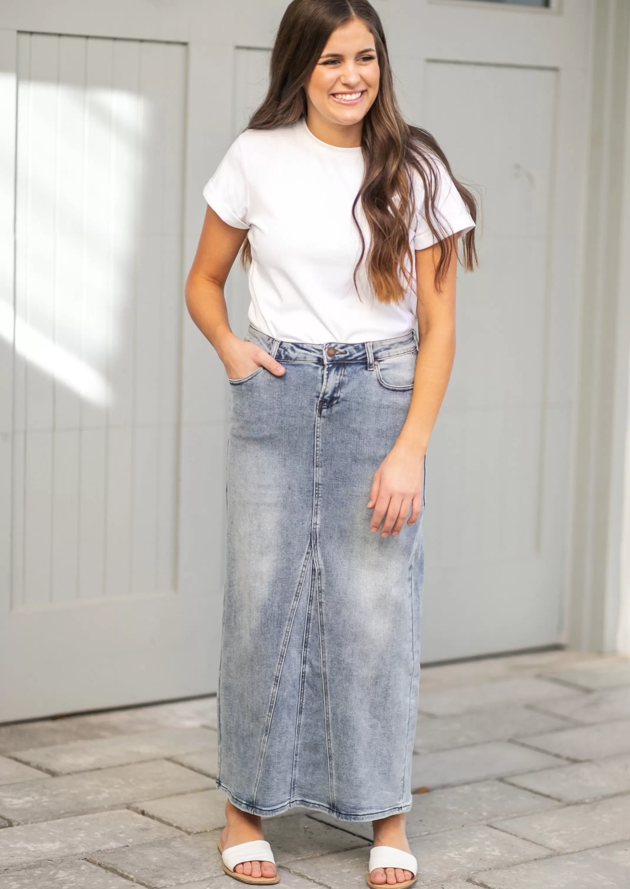 Best Genevive A-Line Light Wash Denim Maxi Skirt Women Plus Size