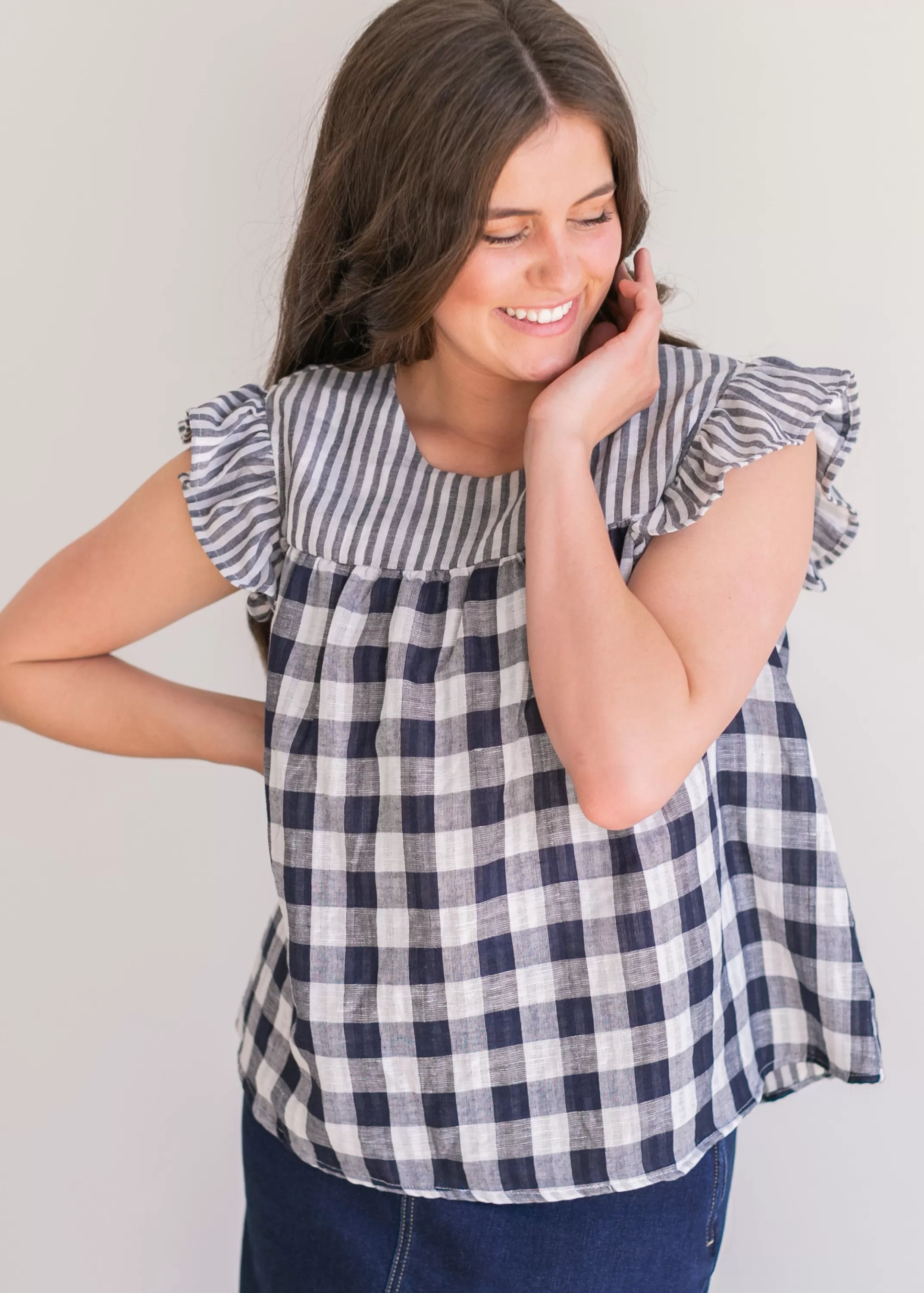 Best Gingham And Striped Cap Sleeve Top Women Cap Sleeve