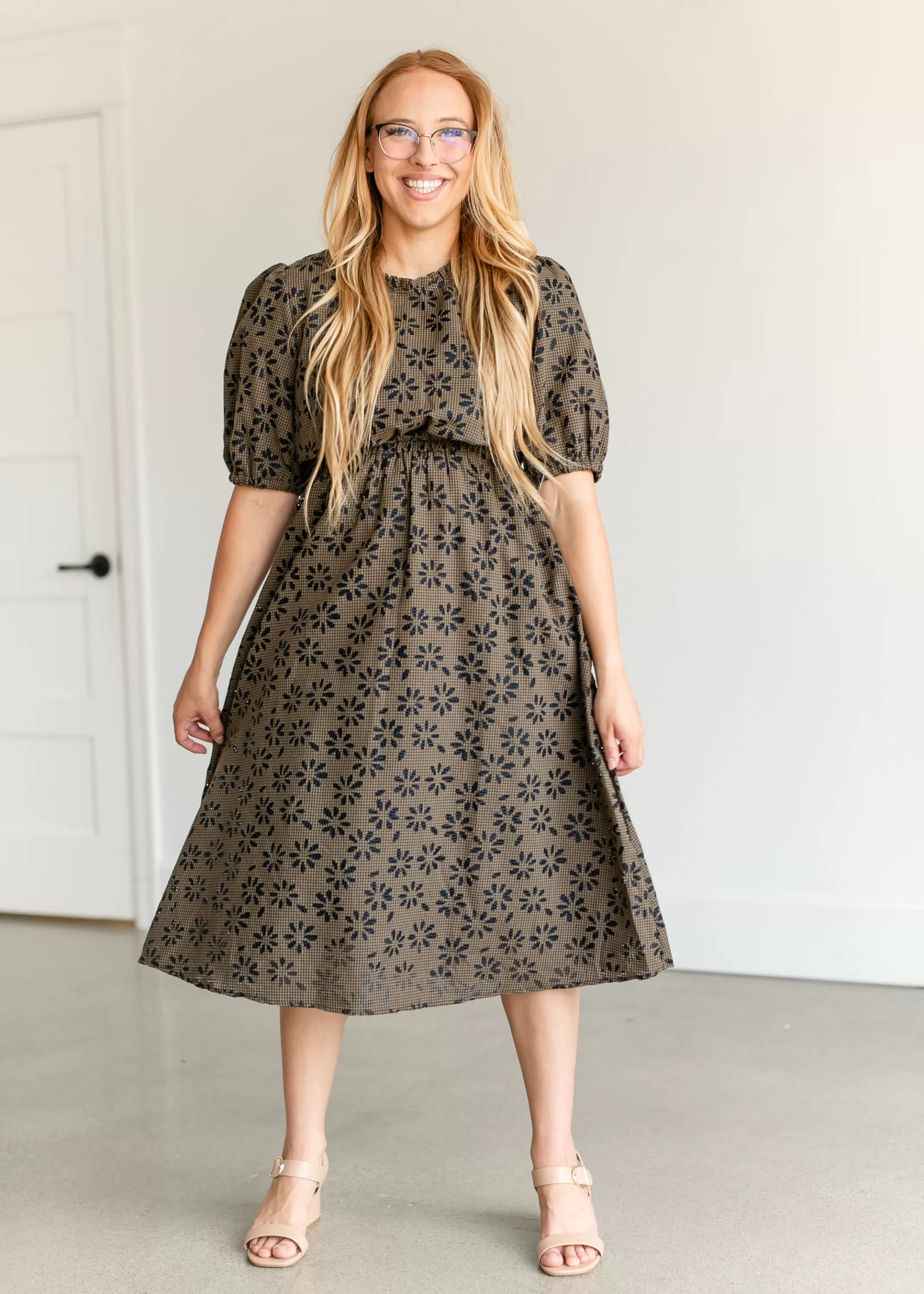 Sale Gingham Floral Puff Sleeve Midi Dress Women Maternity Friendly
