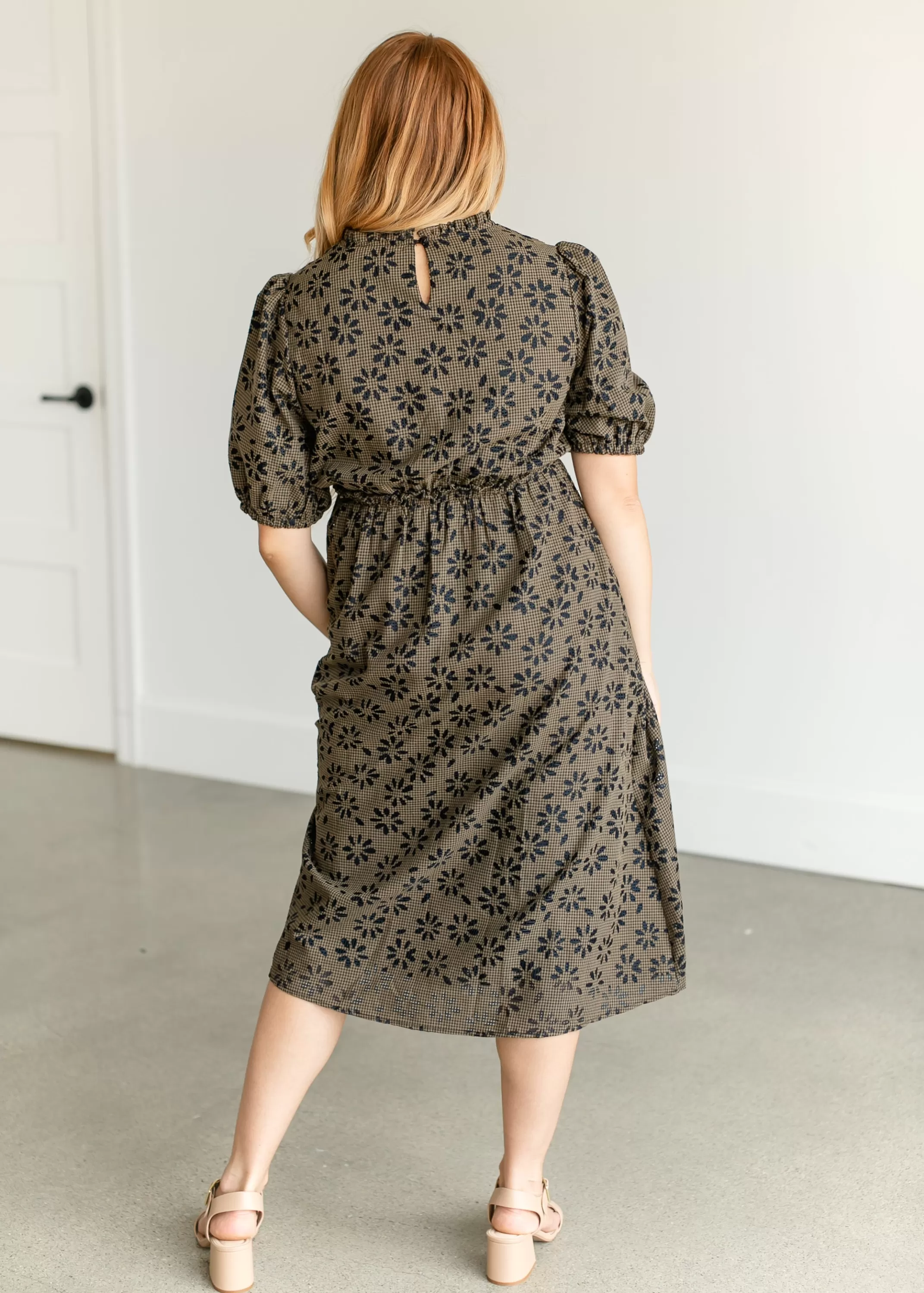 Sale Gingham Floral Puff Sleeve Midi Dress Women Maternity Friendly