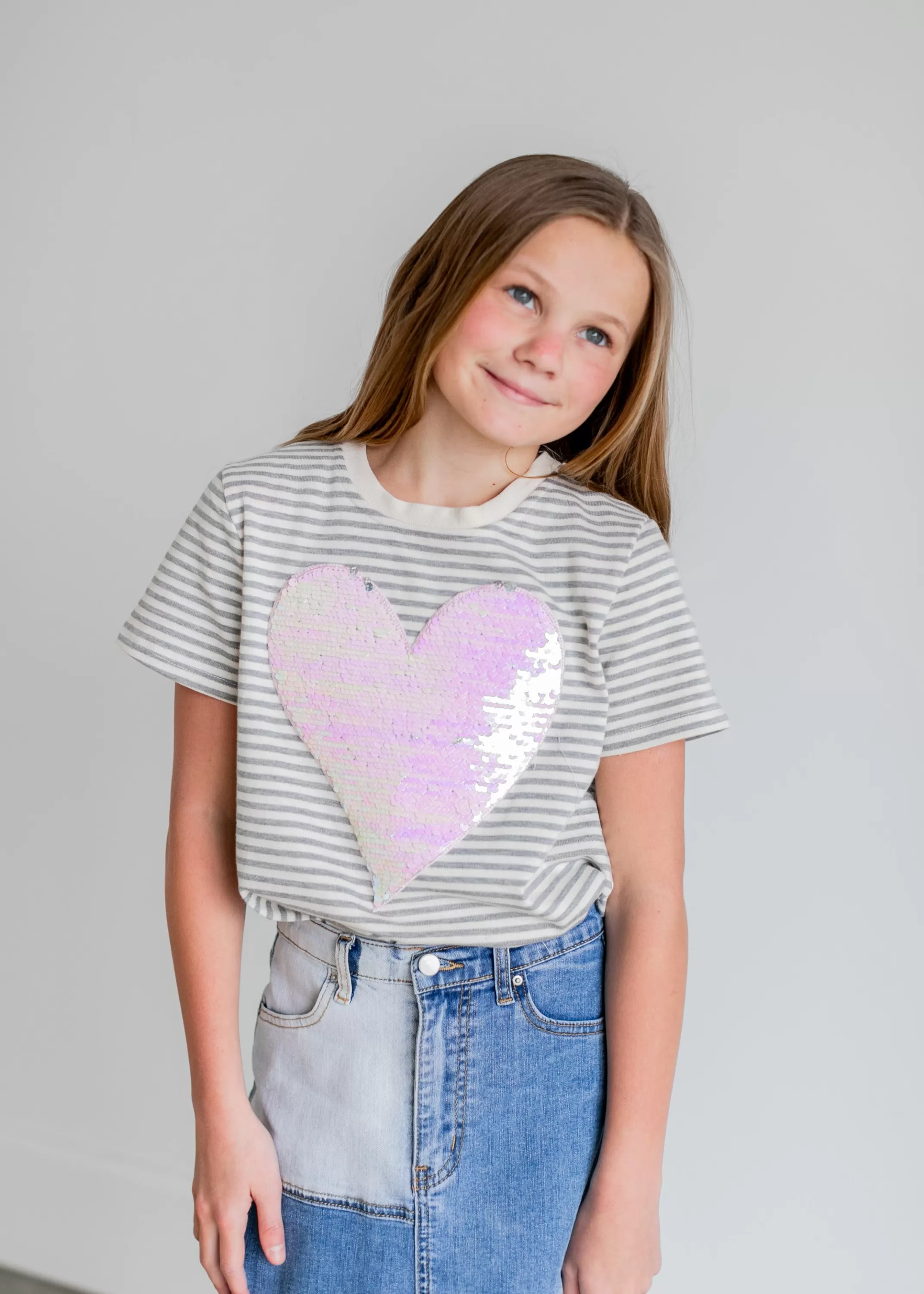 Shop Girls Gray Striped Sequined Heart Tee Women Girls