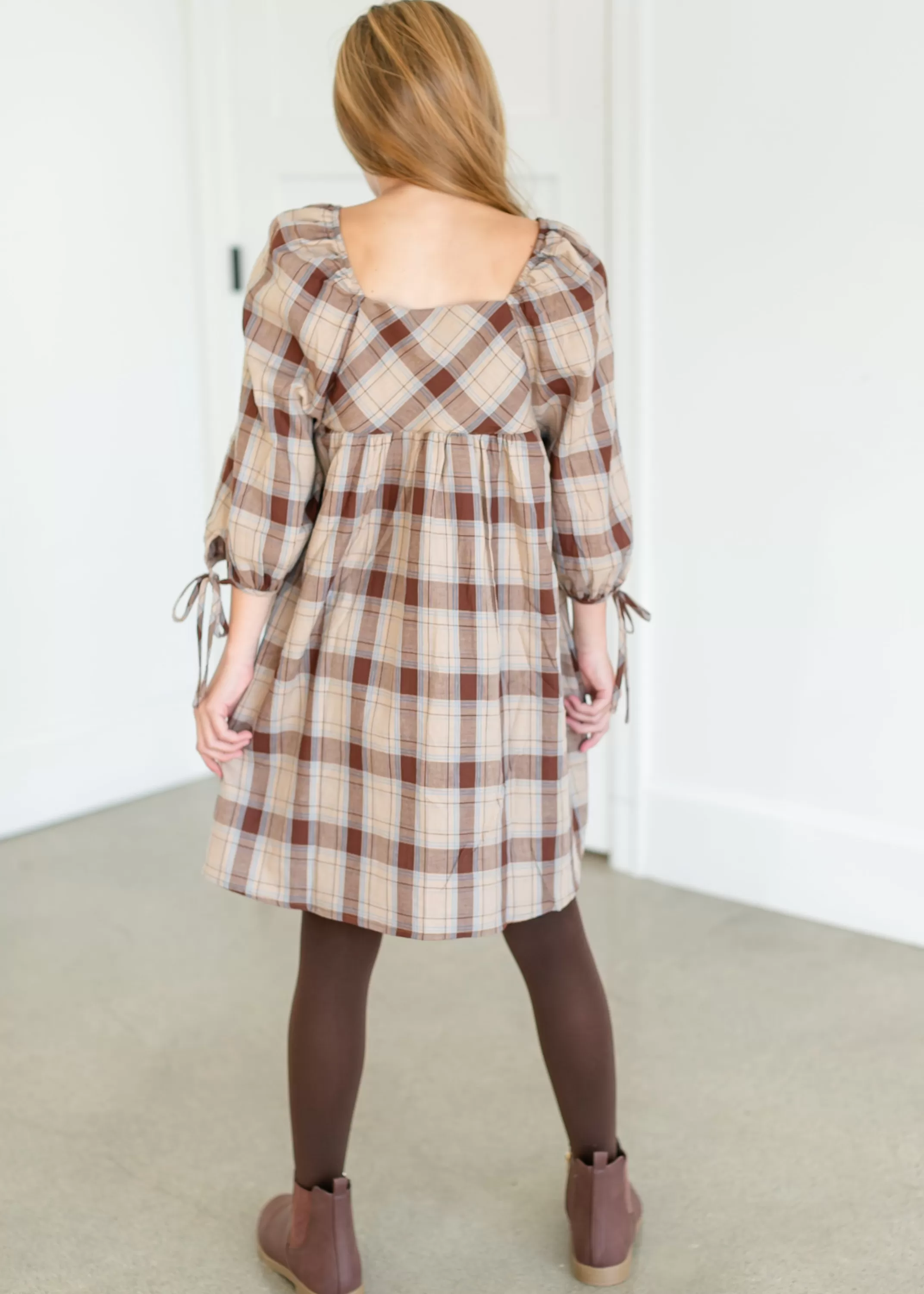 Best Sale Girl's Plaid Square Neck Midi Dress Women Girls