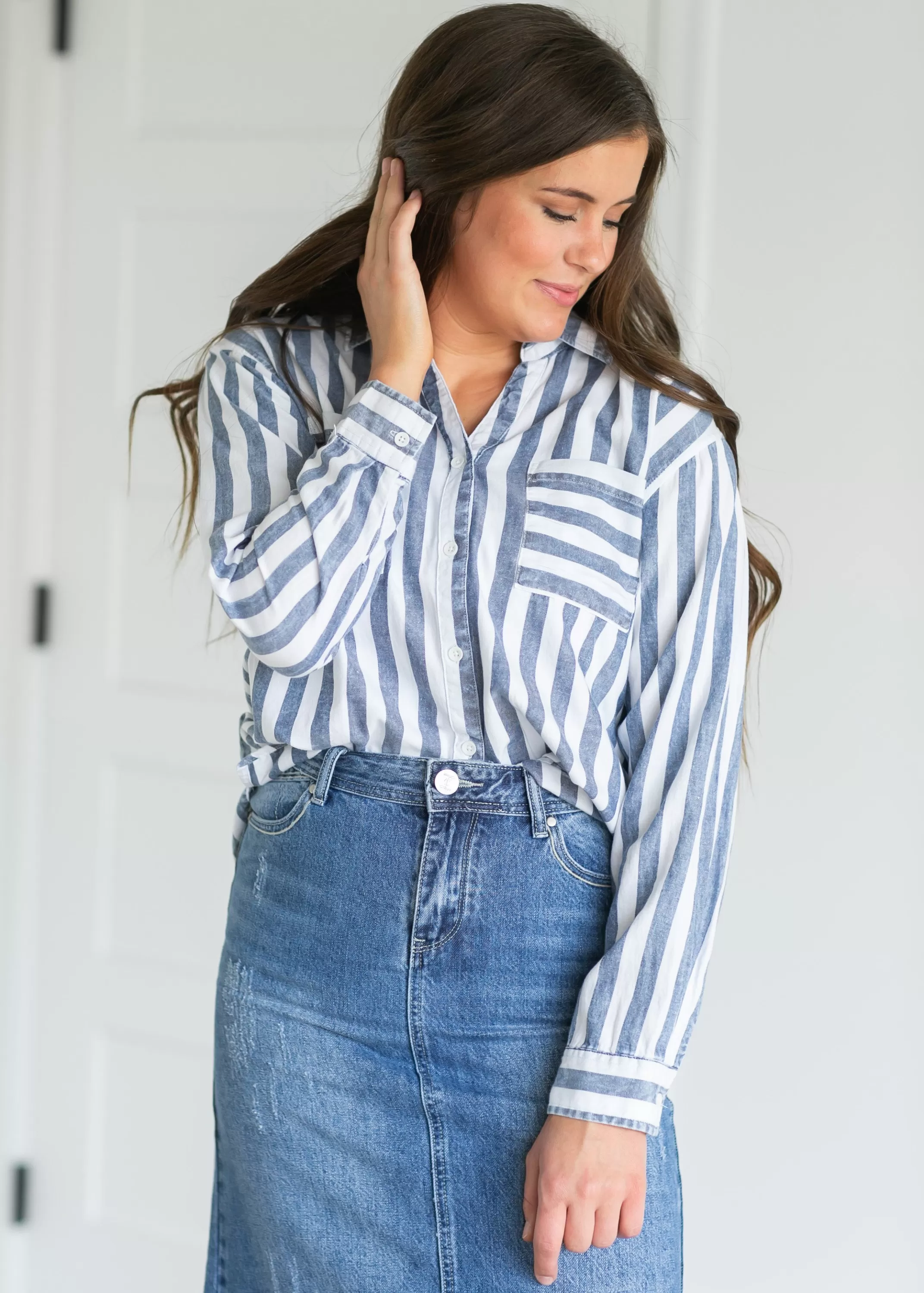 Best Hamptons Navy Striped Button Down Top Women Nursing Friendly