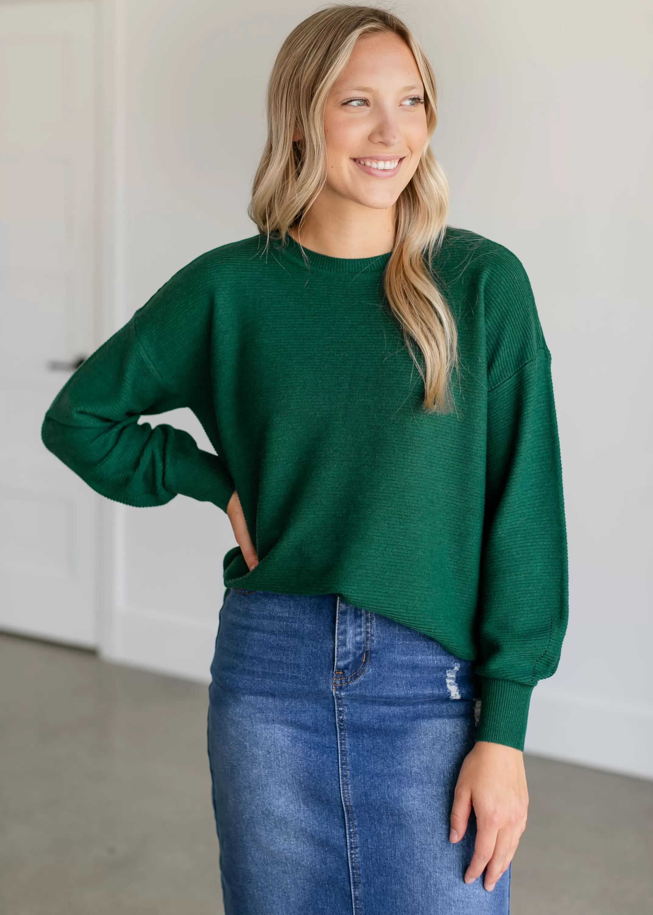 New Horizontal Ribbed Crewneck Sweater Women Long Sleeve