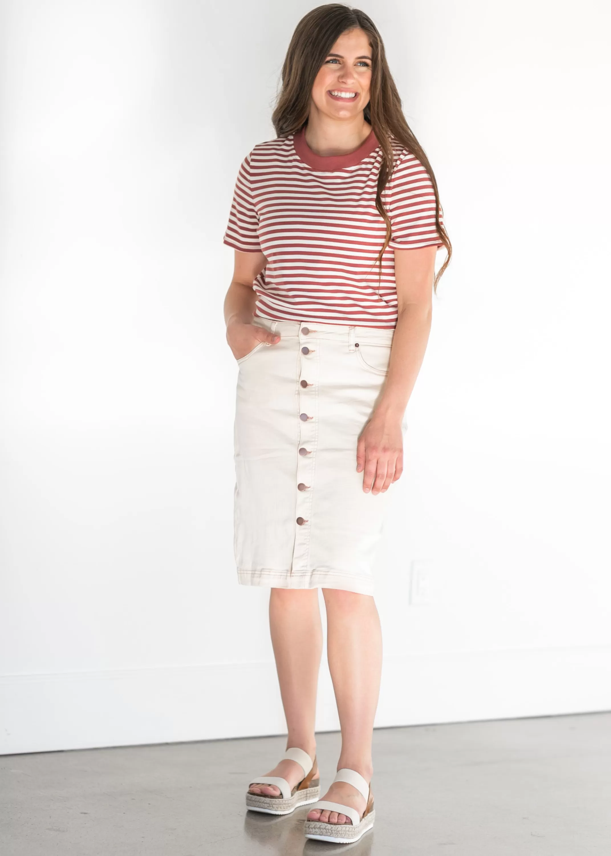 Sale Ivory Front Button Denim Midi Skirt Women Straight Fit