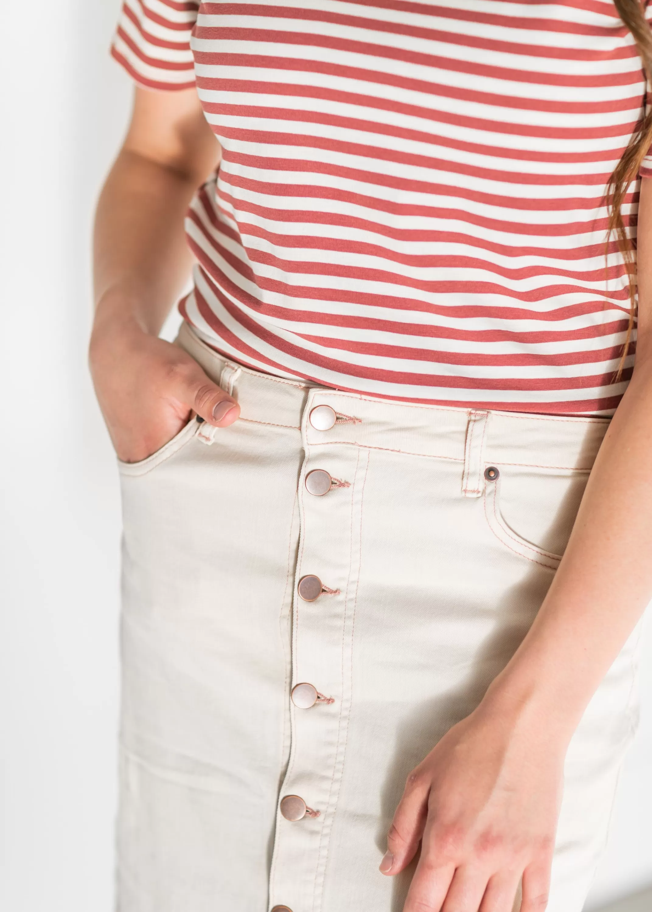Sale Ivory Front Button Denim Midi Skirt Women Straight Fit