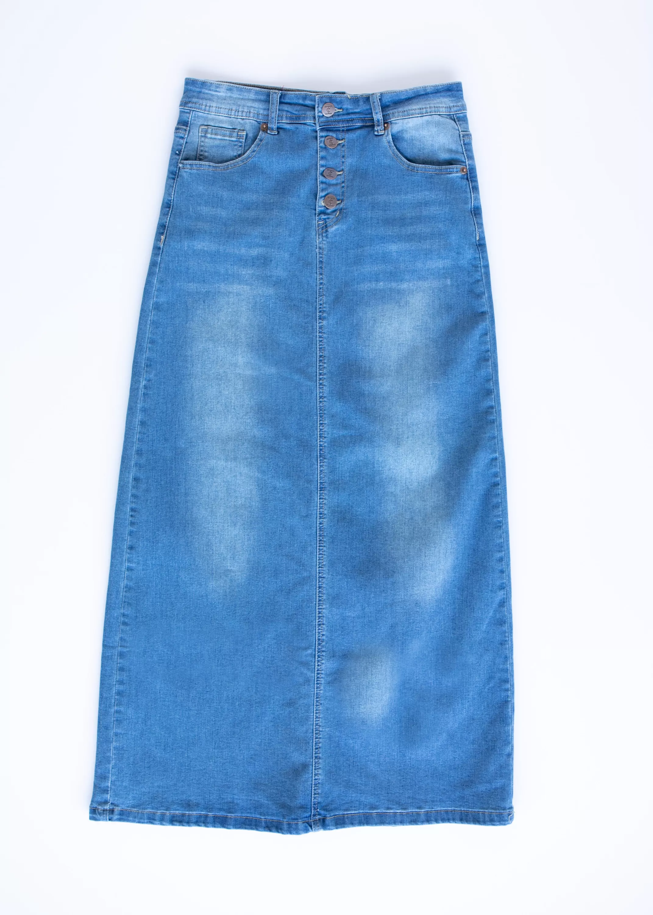 New Jessa Vintage Wash Button Front Long Denim Skirt Women Skirts