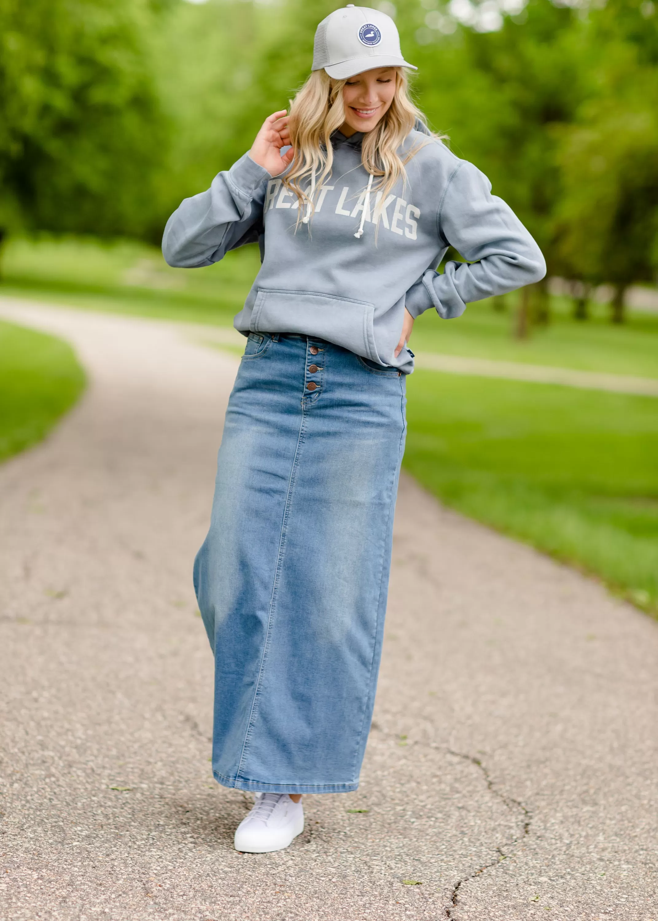 New Jessa Vintage Wash Button Front Long Denim Skirt Women Skirts