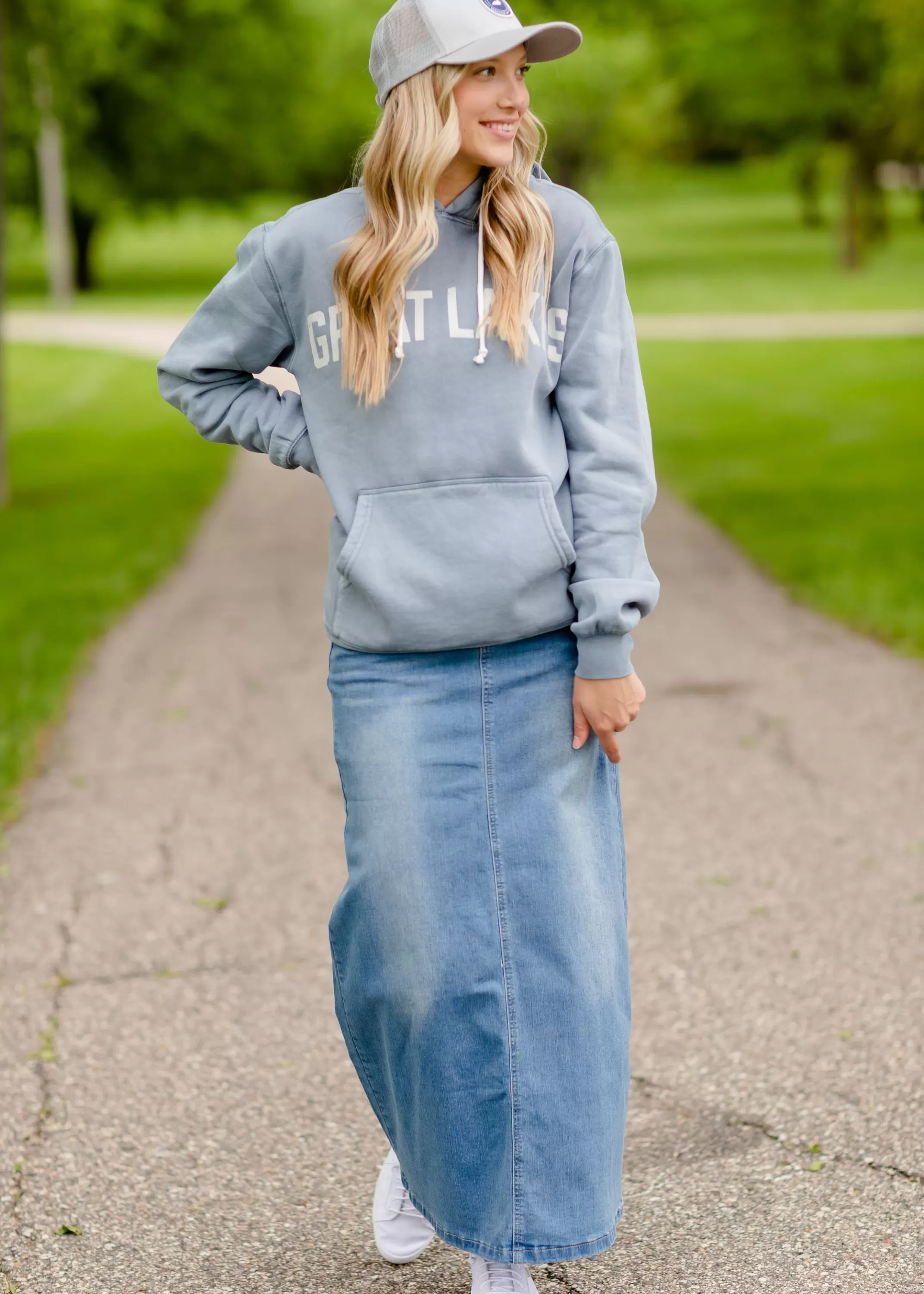 New Jessa Vintage Wash Button Front Long Denim Skirt Women Skirts