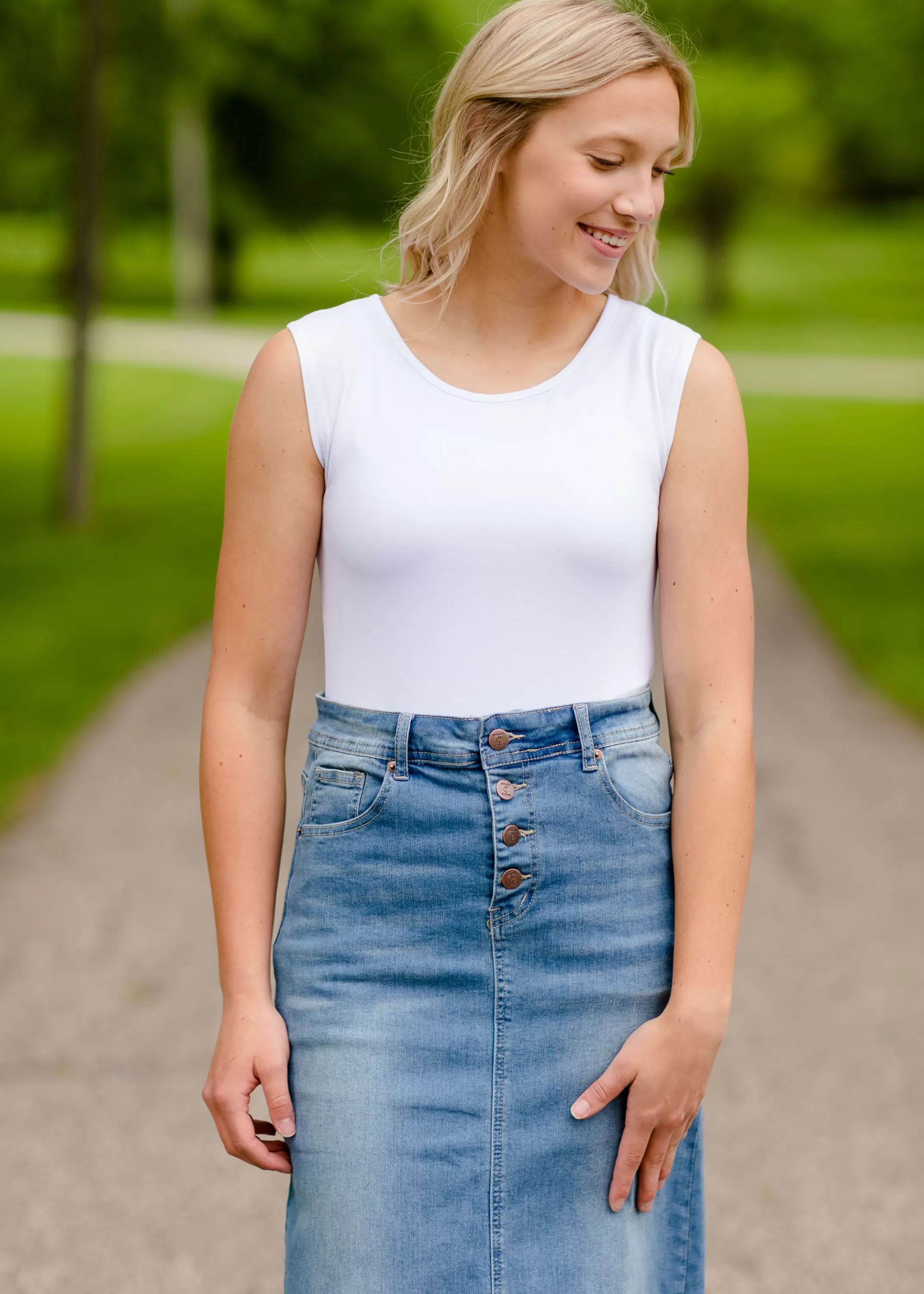 New Jessa Vintage Wash Button Front Long Denim Skirt Women Skirts