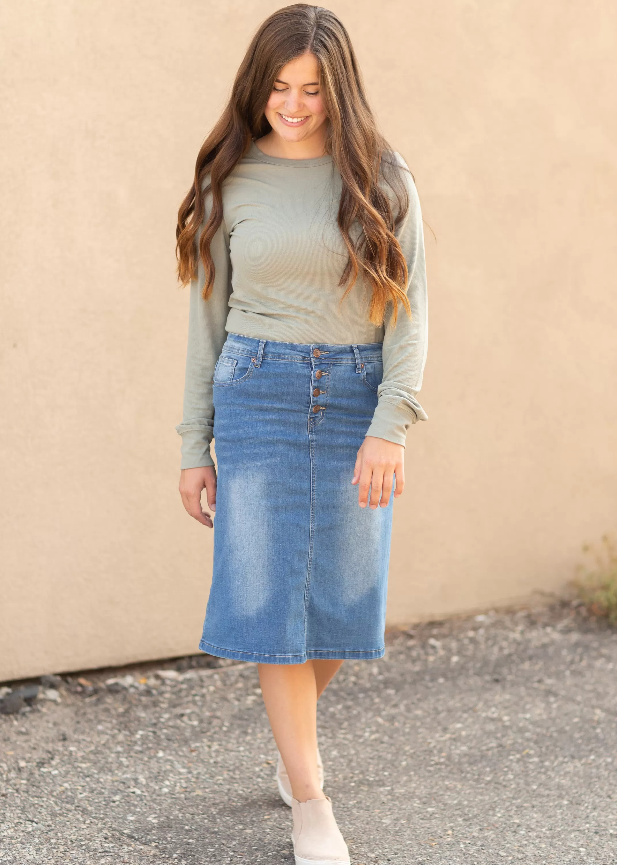 Best Josie Vintage Wash Button Front Midi Denim Skirt Women Skirts