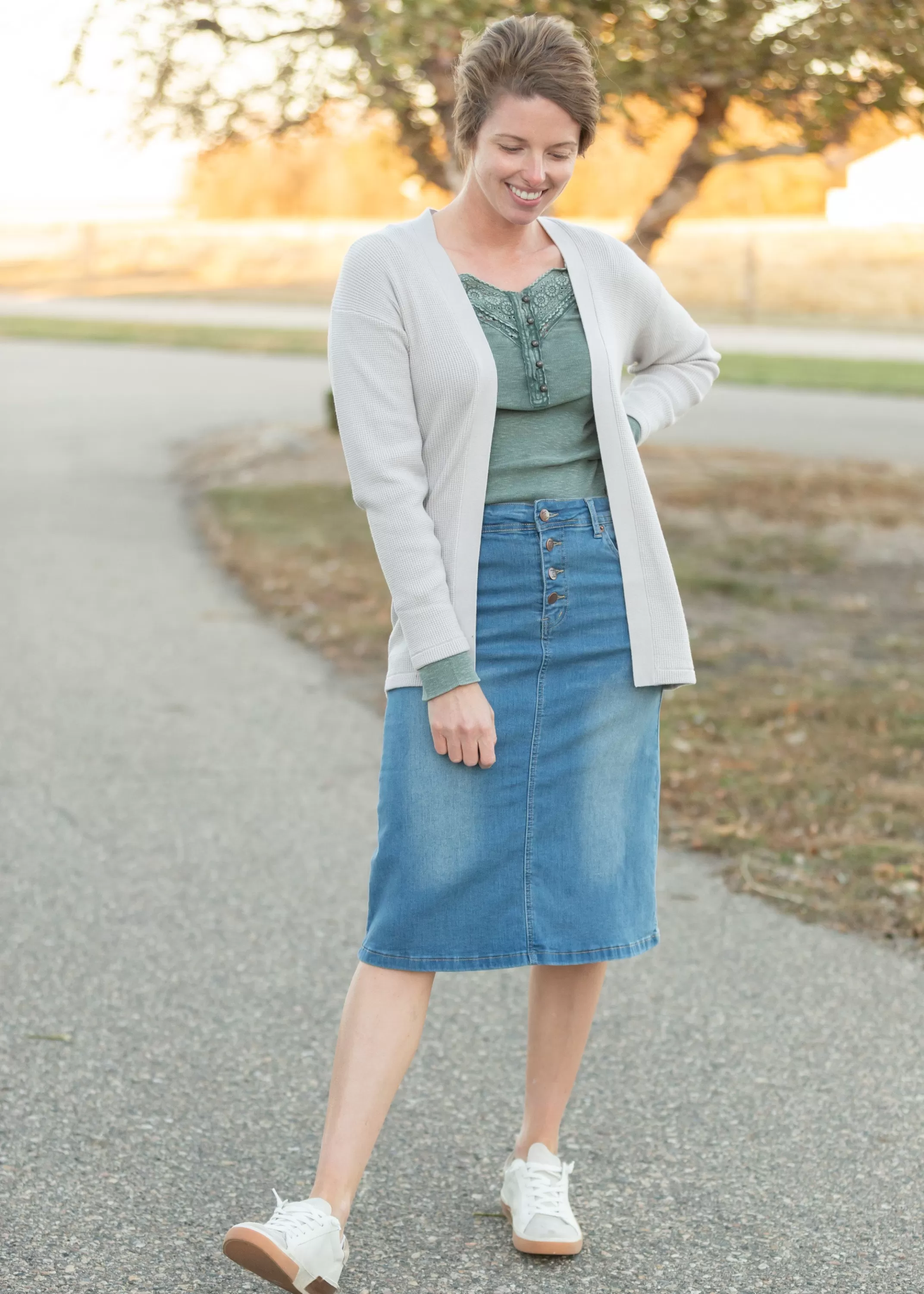 Best Josie Vintage Wash Button Front Midi Denim Skirt Women Skirts
