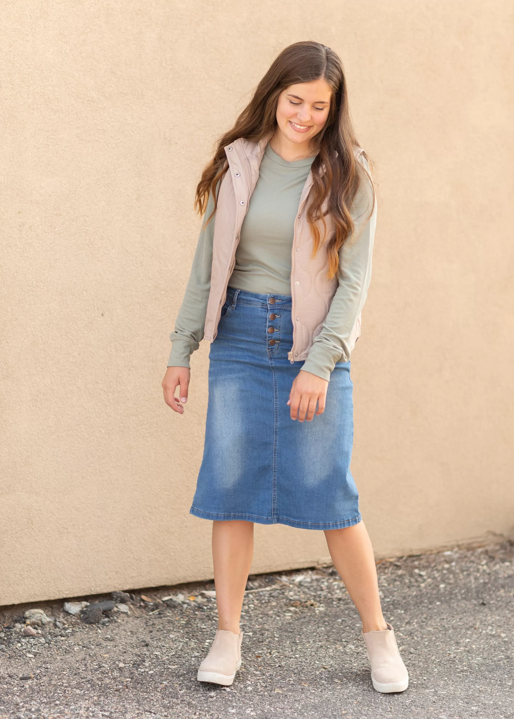 Best Josie Vintage Wash Button Front Midi Denim Skirt Women Skirts
