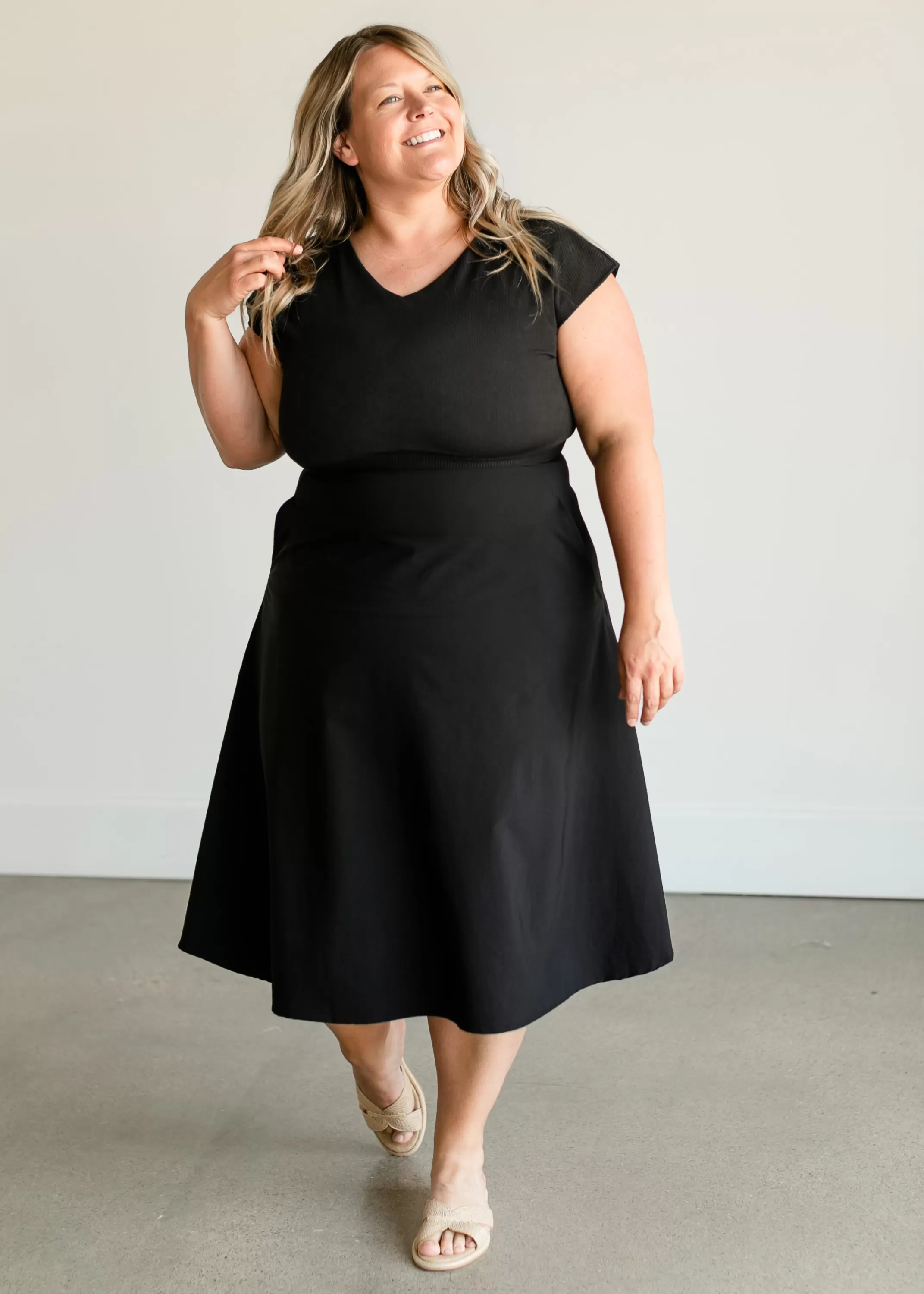 Best Sale Kate Cap Sleeve Black Midi Dress Women Plus Size