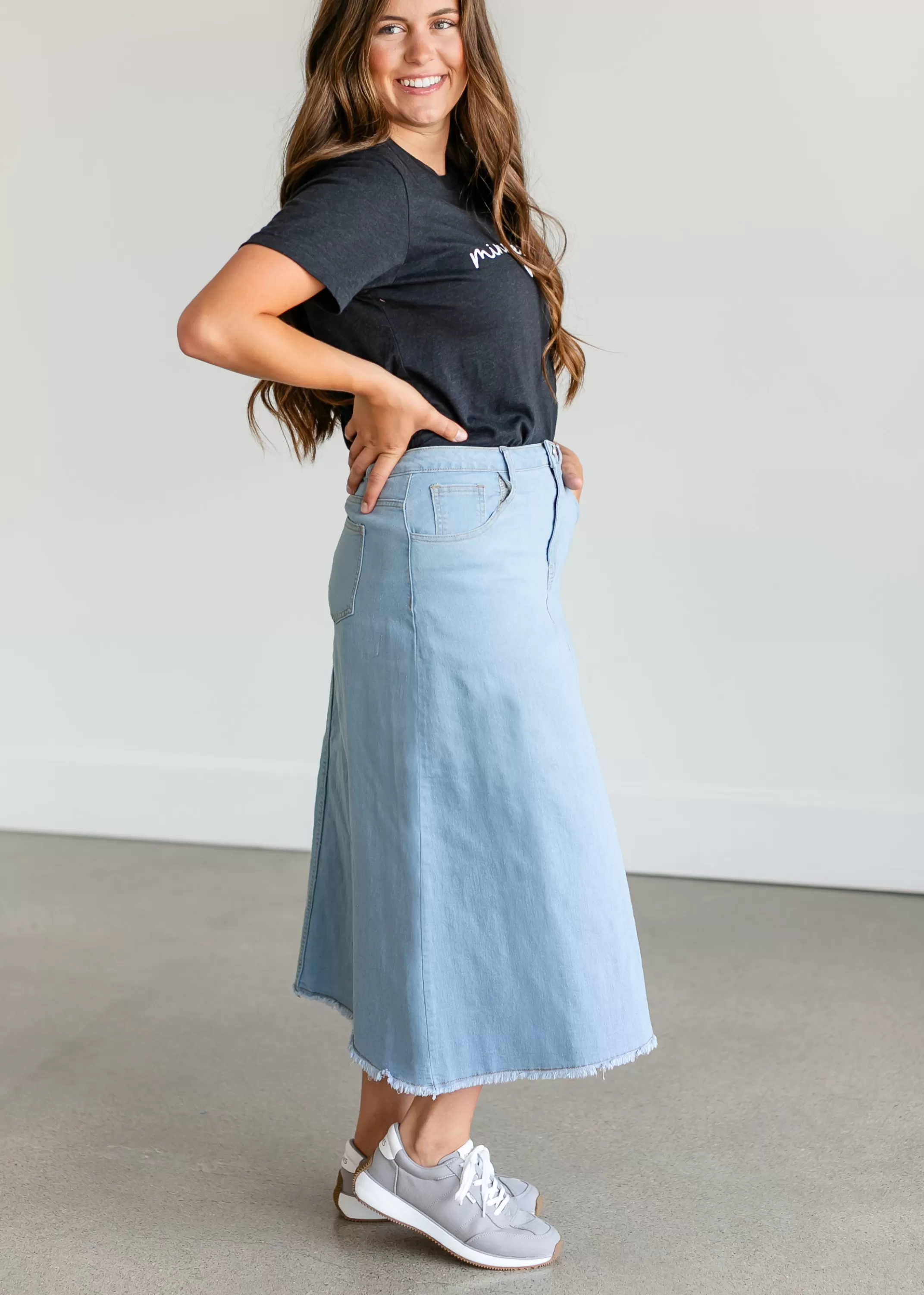 Best Sale Light Wash A-Line Denim Midi Skirt Women No Slit