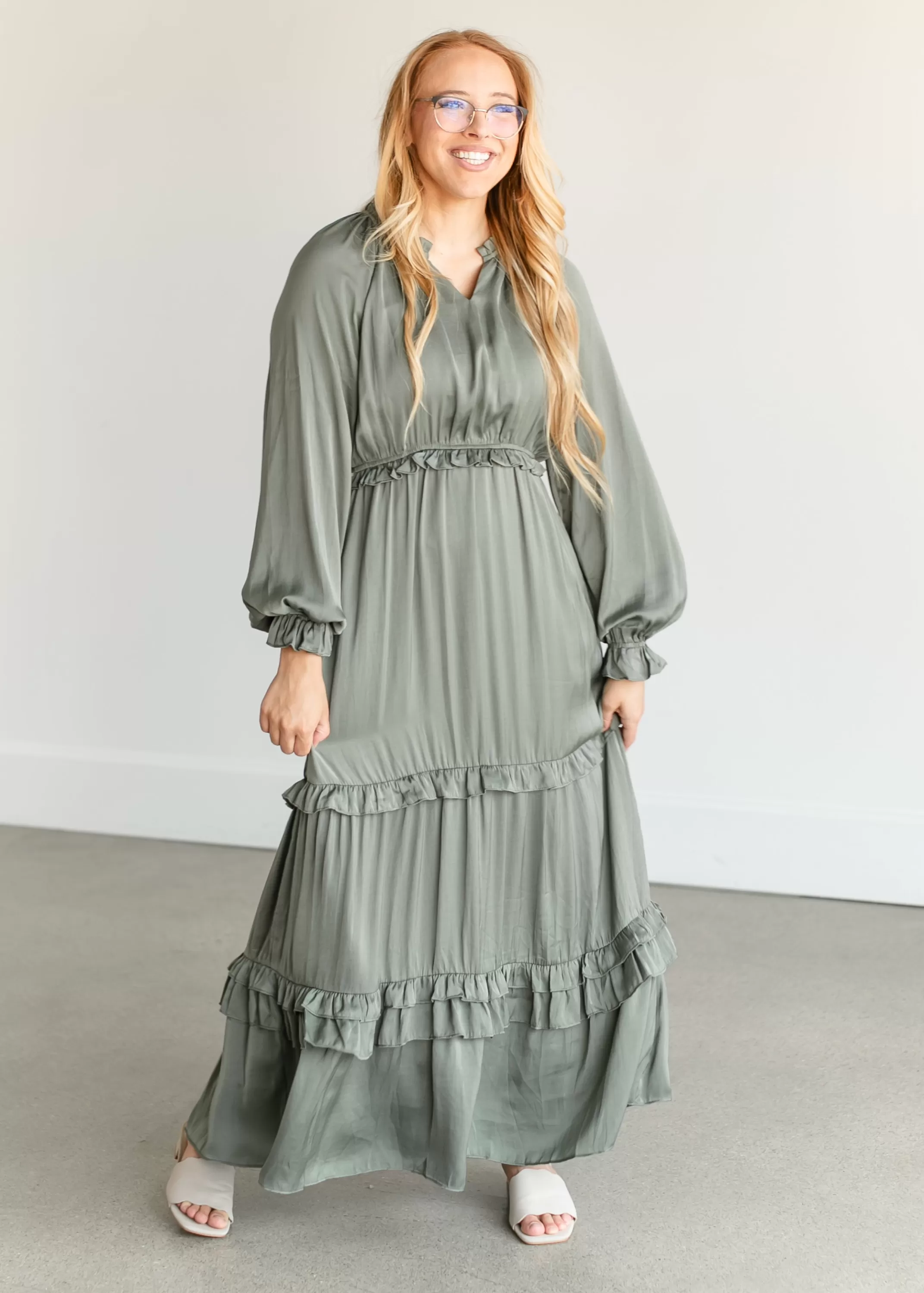 Sale Long Sleeve V-Neck Satin Maxi Dress Women Maternity Friendly