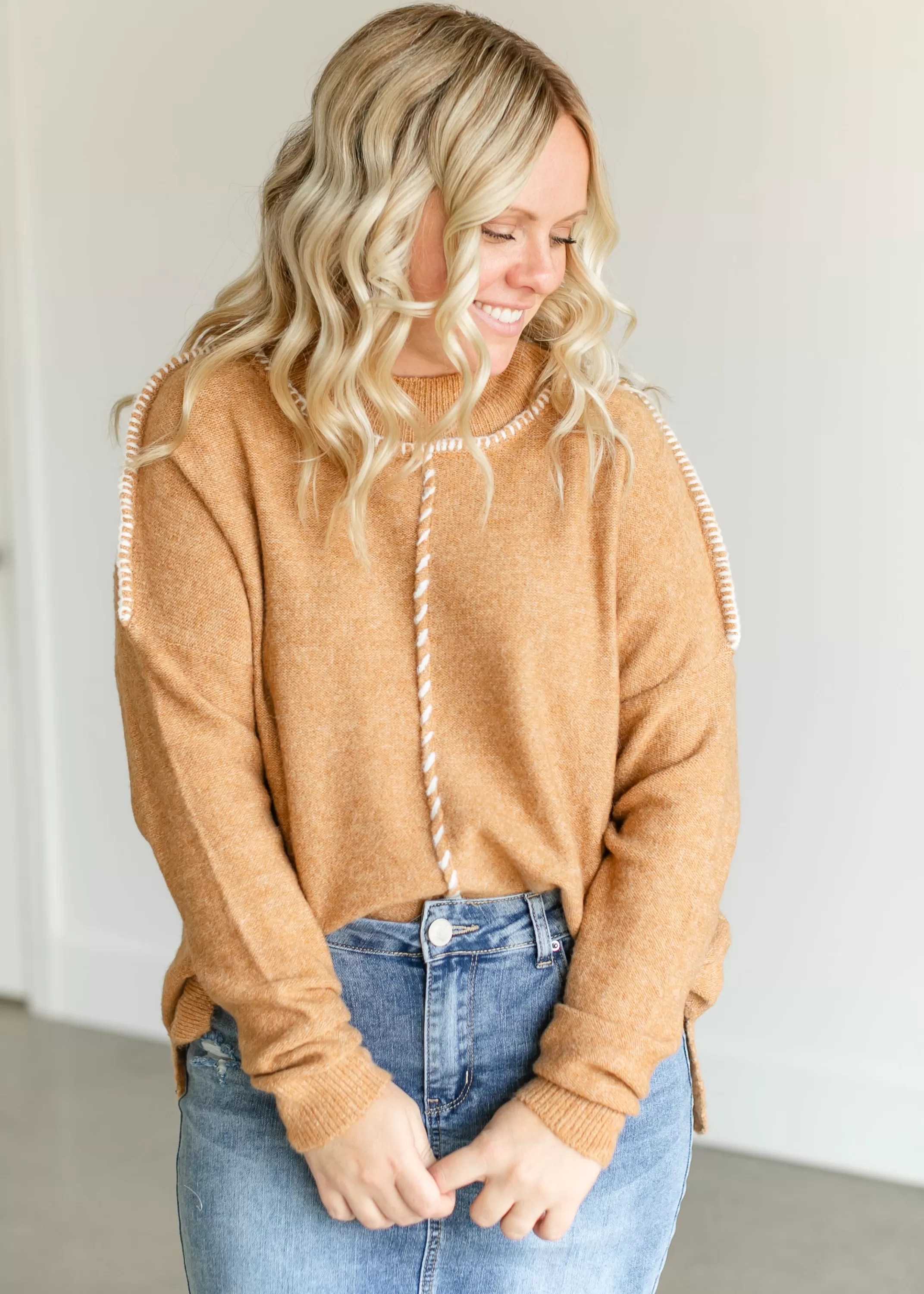 Store Mockneck Contrast Stitching Sweater Women Long Sleeve