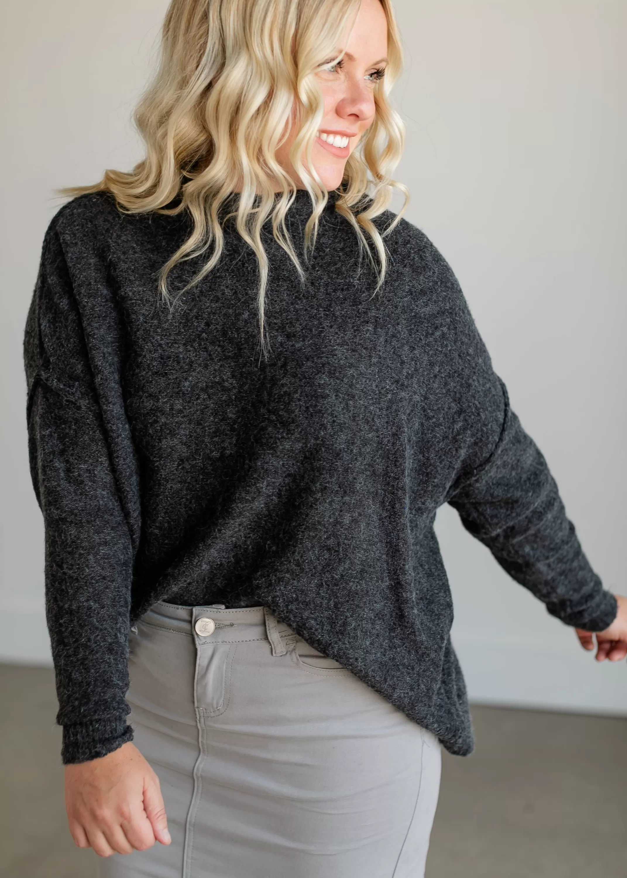 Hot Mockneck Drop Shoulder Sweater Women Long Sleeve