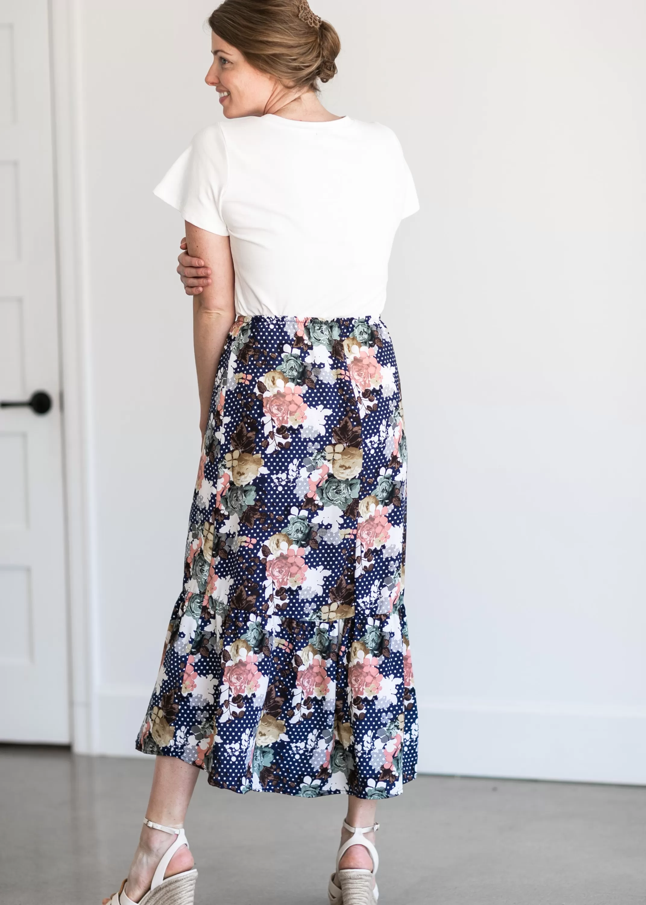 Fashion Navy Floral And Dot Midi Skirt Women Maternity Friendly