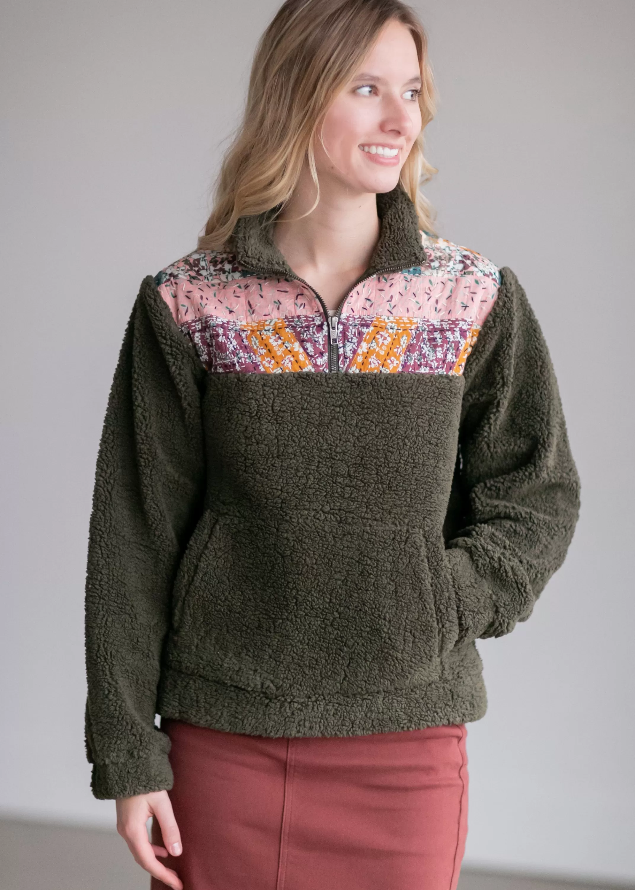 Cheap Olive Quarter Zip Quilted Pullover Women Long Sleeve