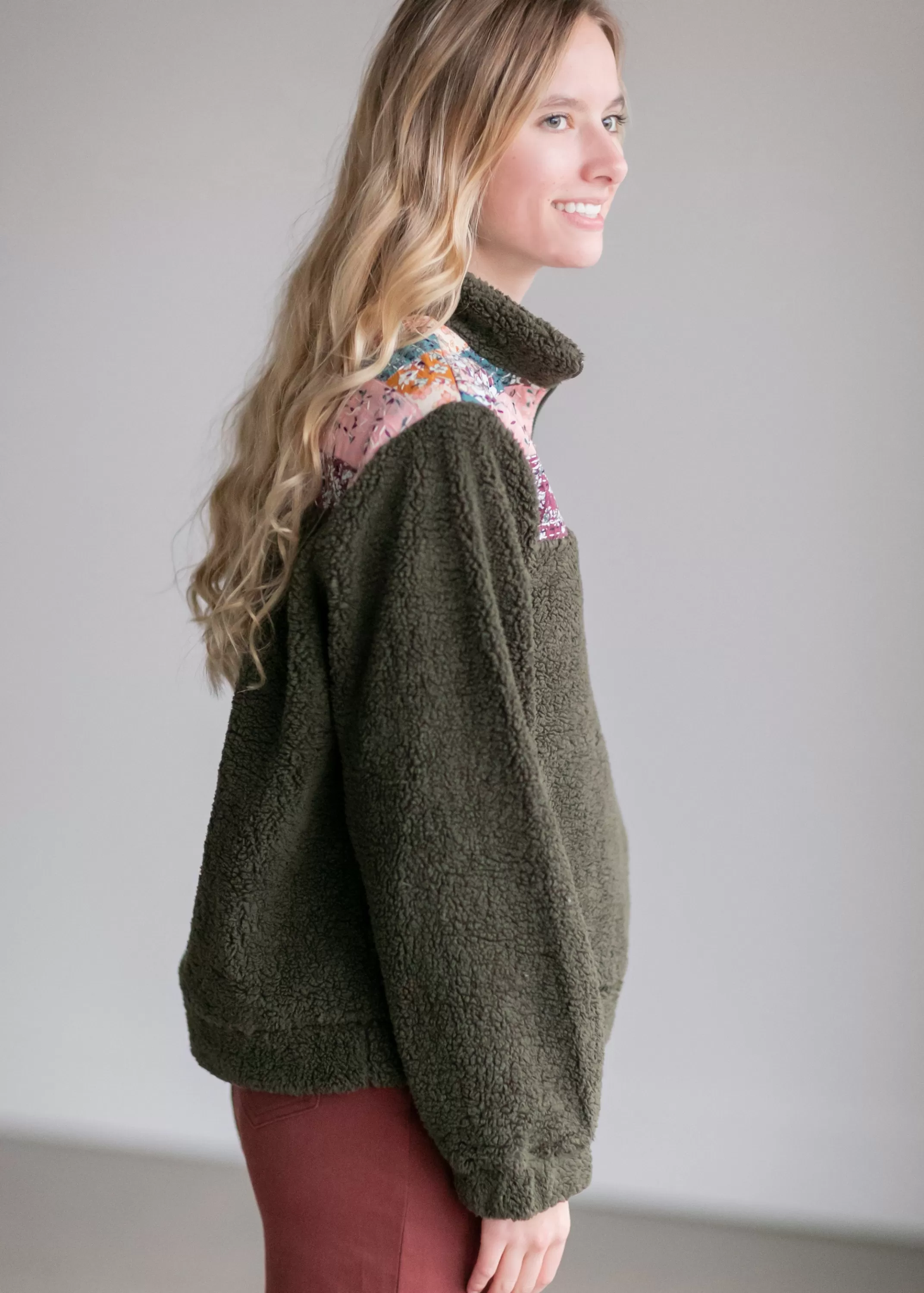 Cheap Olive Quarter Zip Quilted Pullover Women Long Sleeve