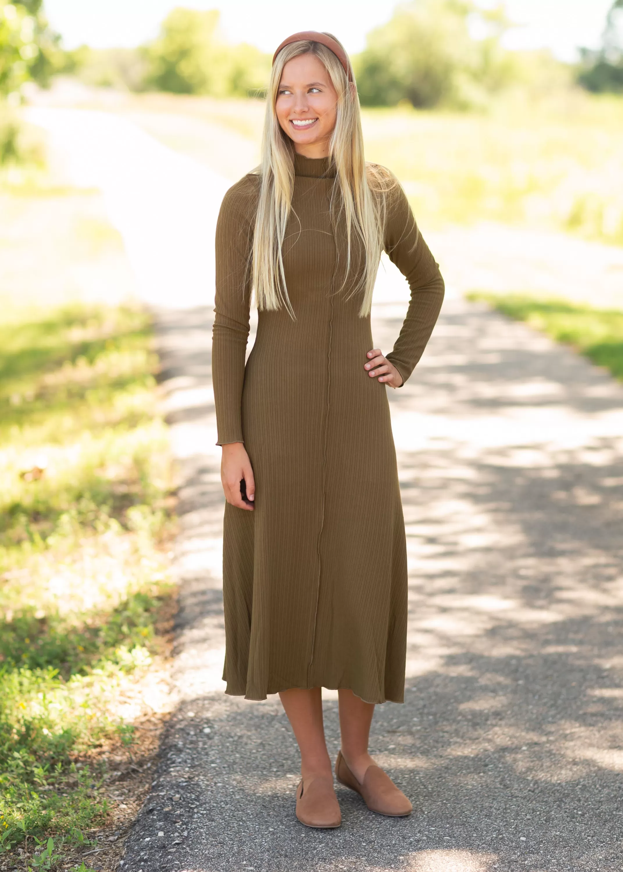 Cheap Olive Ribbed Long Sleeve Midi Dress Women Midi Dresses