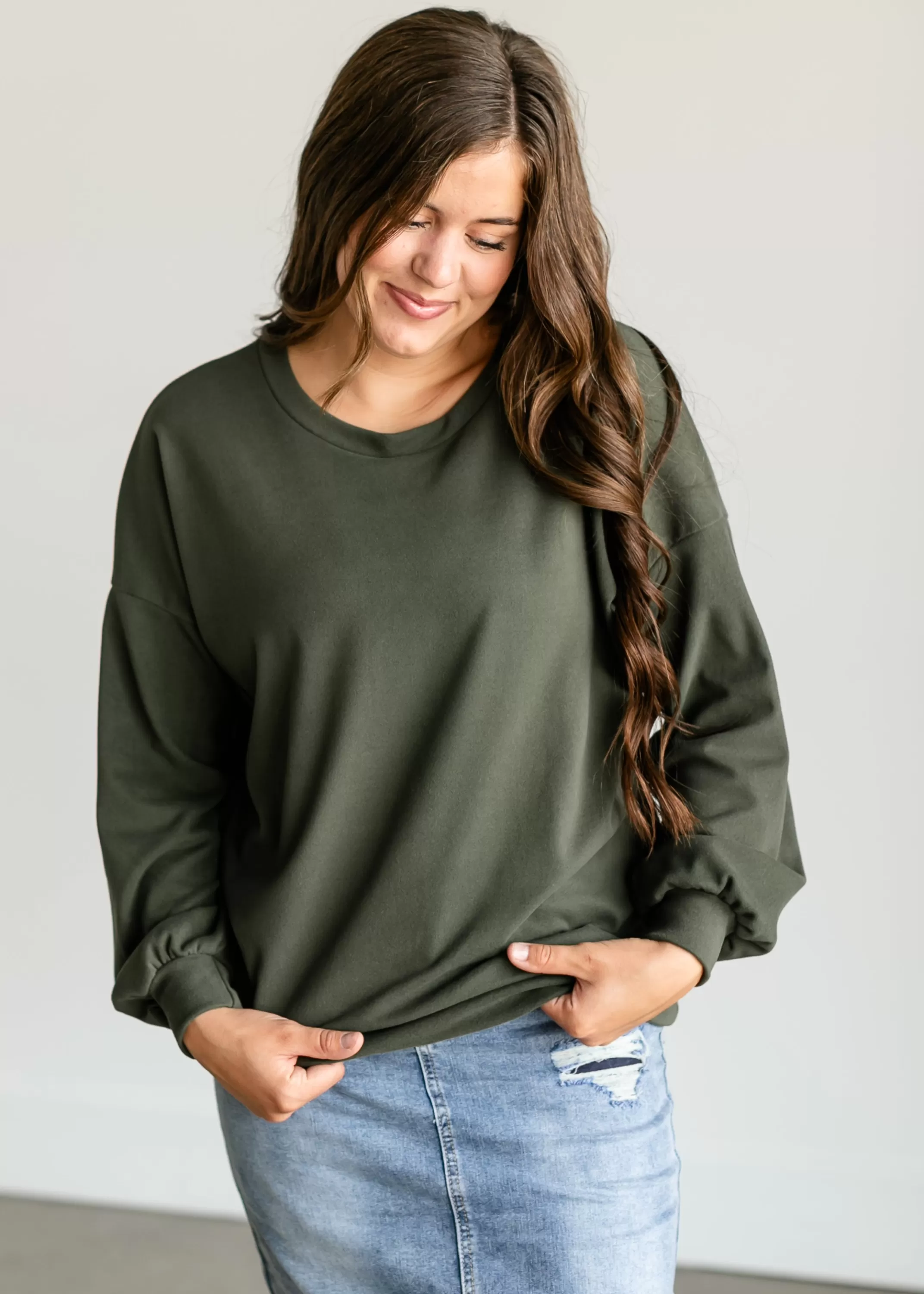 Flash Sale Olive Soft Crewneck Pullover Top Women Long Sleeve