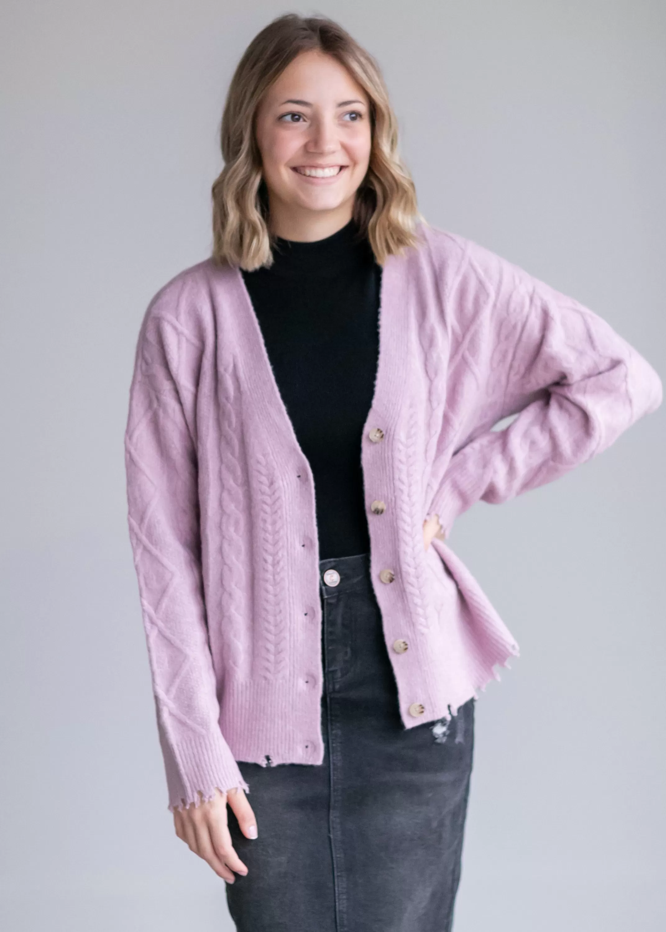 Online Open Front V-Neck Cable Cardigan Women Long Sleeve