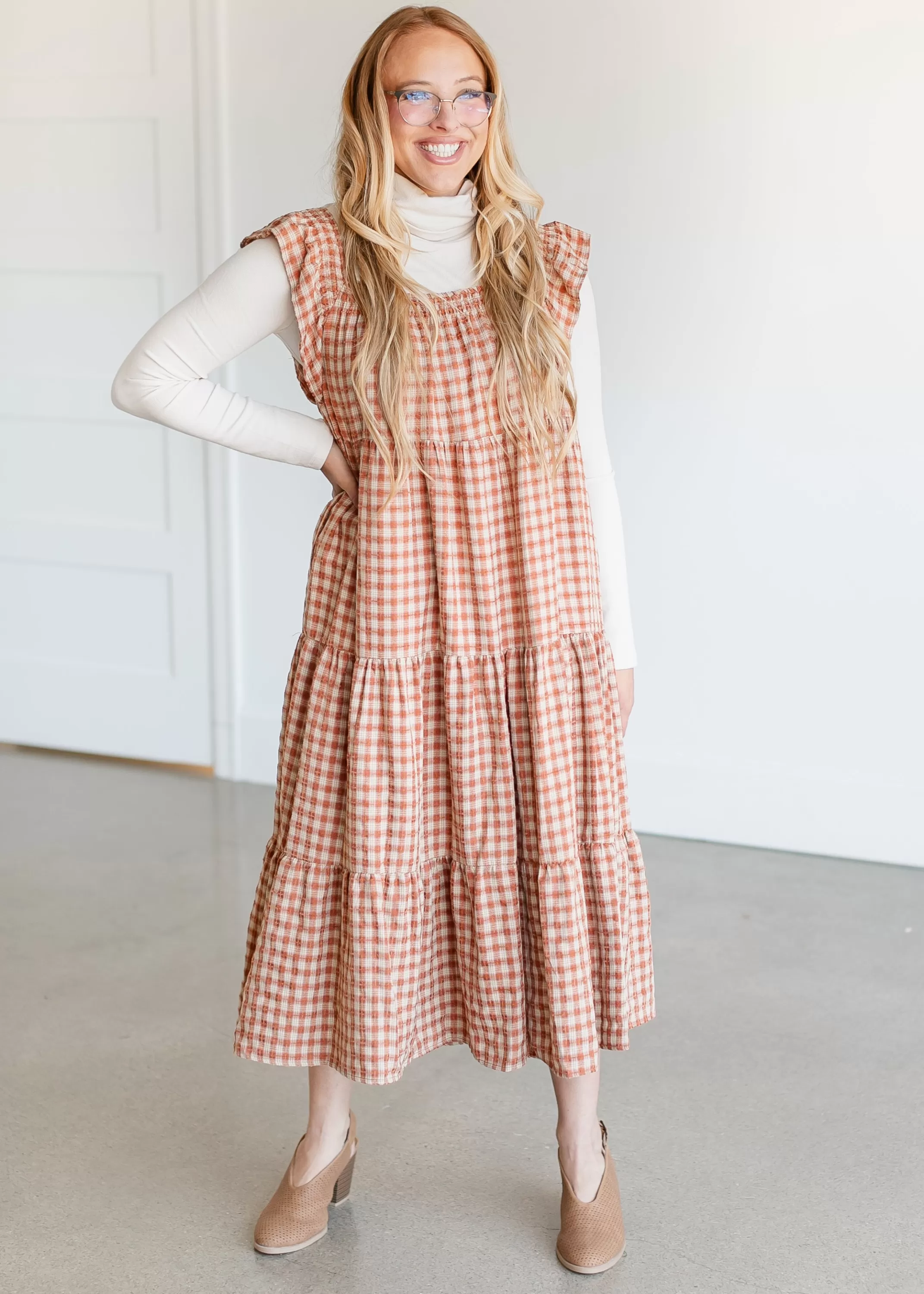 Hot Plaid Tiered Midi Dress Women Nursing Friendly