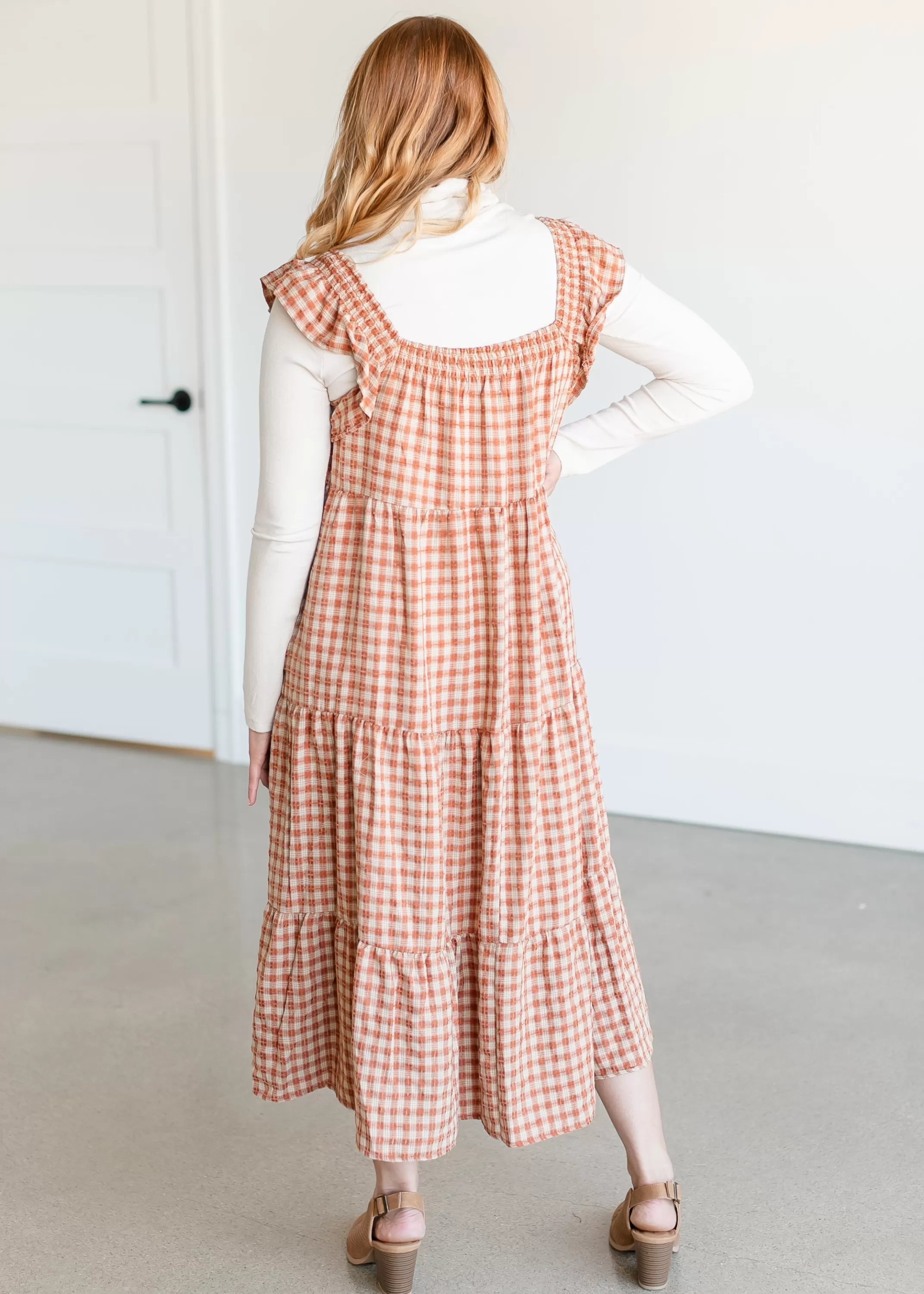 Hot Plaid Tiered Midi Dress Women Nursing Friendly