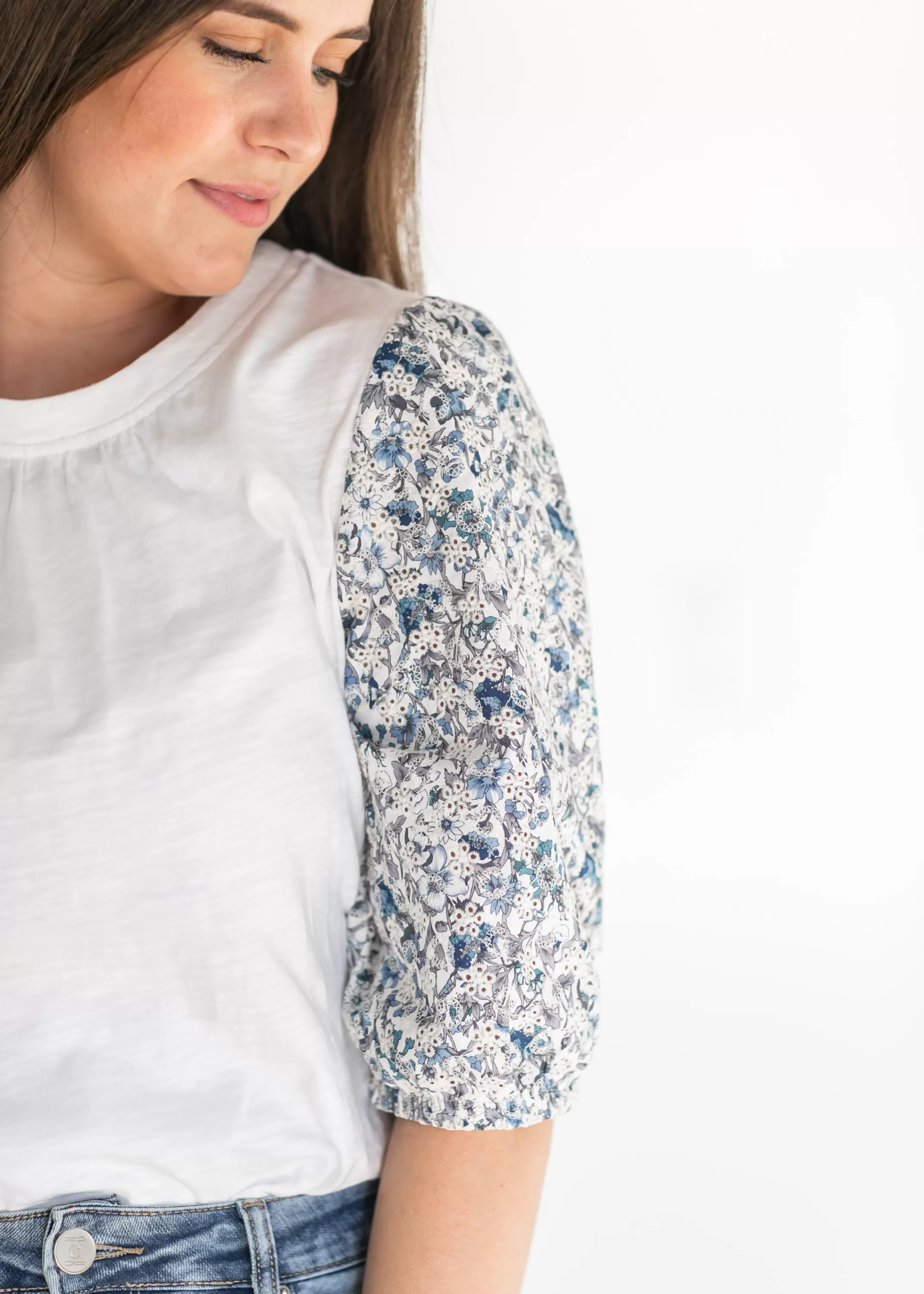 Sale Printed Eyelet Puff Sleeve Knit Top Women Short Sleeve