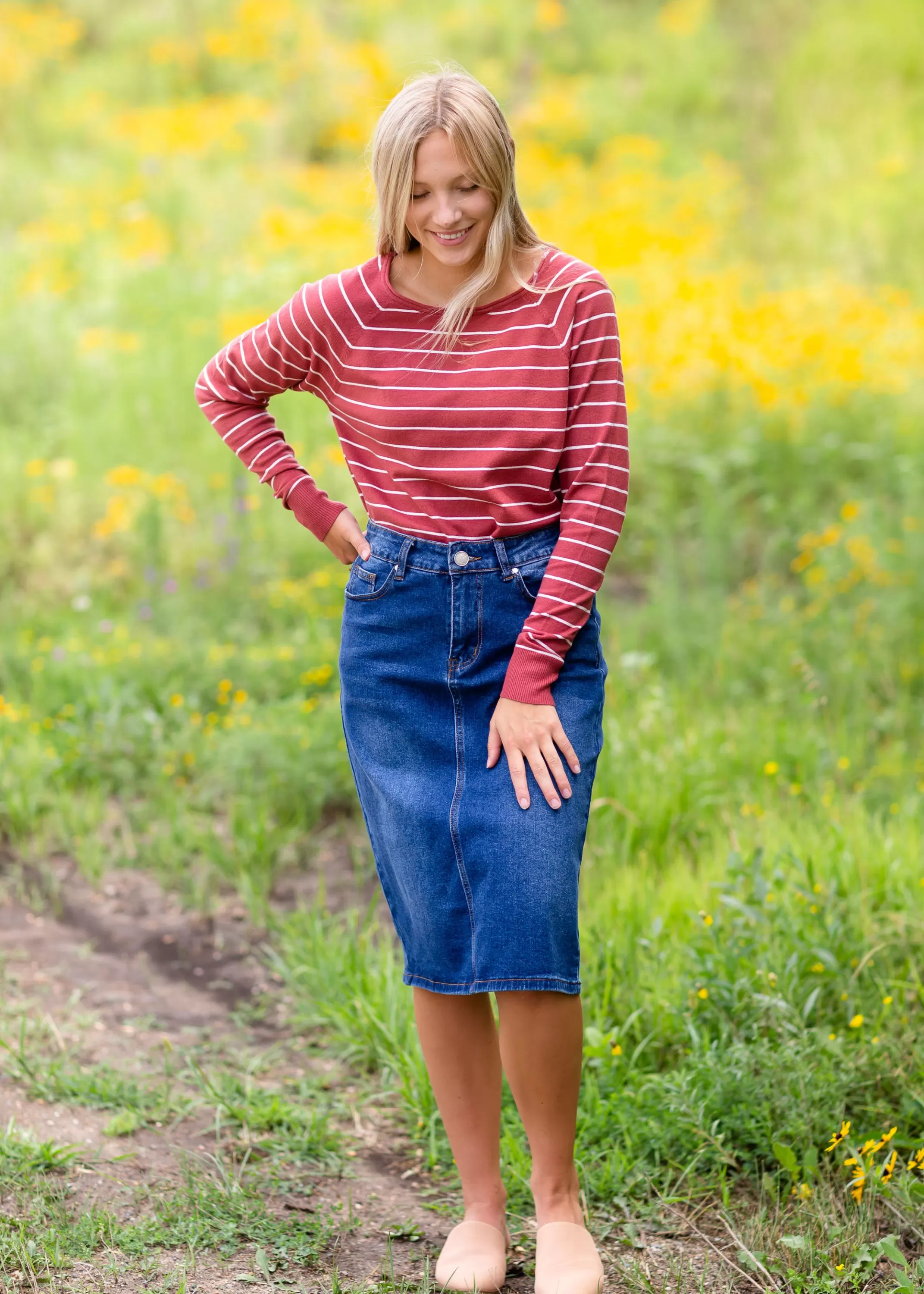 Clearance Remi Dark Wash Denim Midi Skirt Women Denim