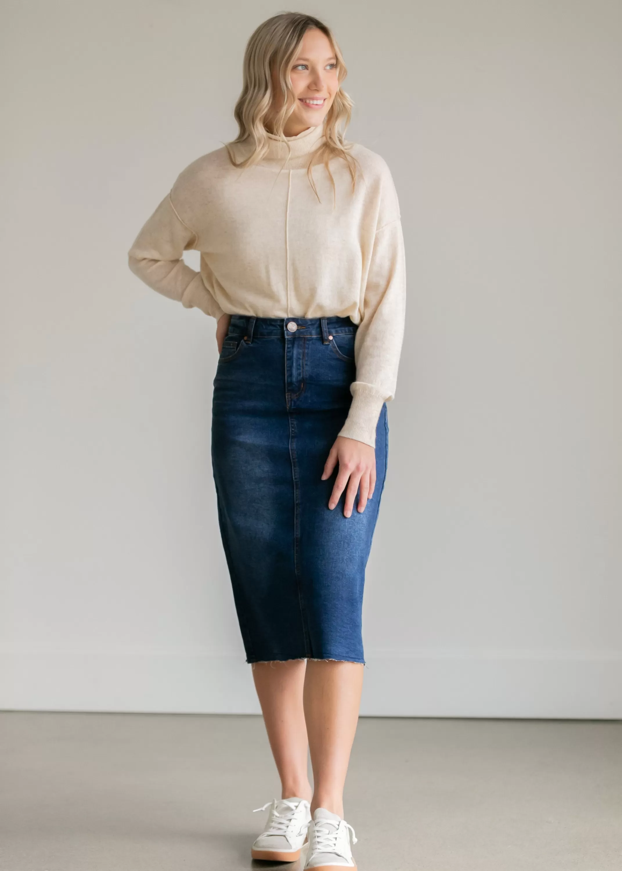 Outlet Remi Raw Hem Dark Denim Midi Skirt Women Skirts