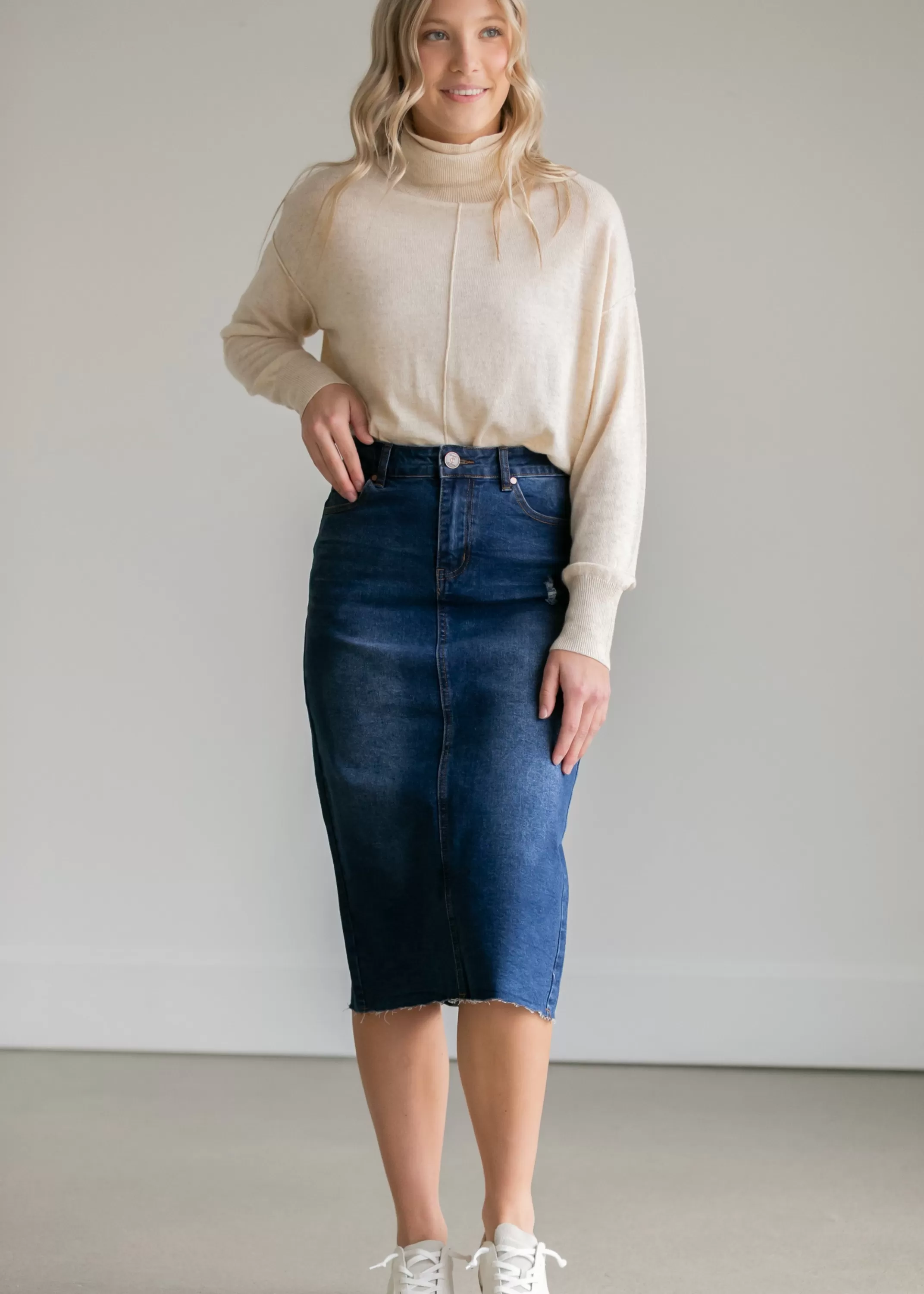 Outlet Remi Raw Hem Dark Denim Midi Skirt Women Skirts