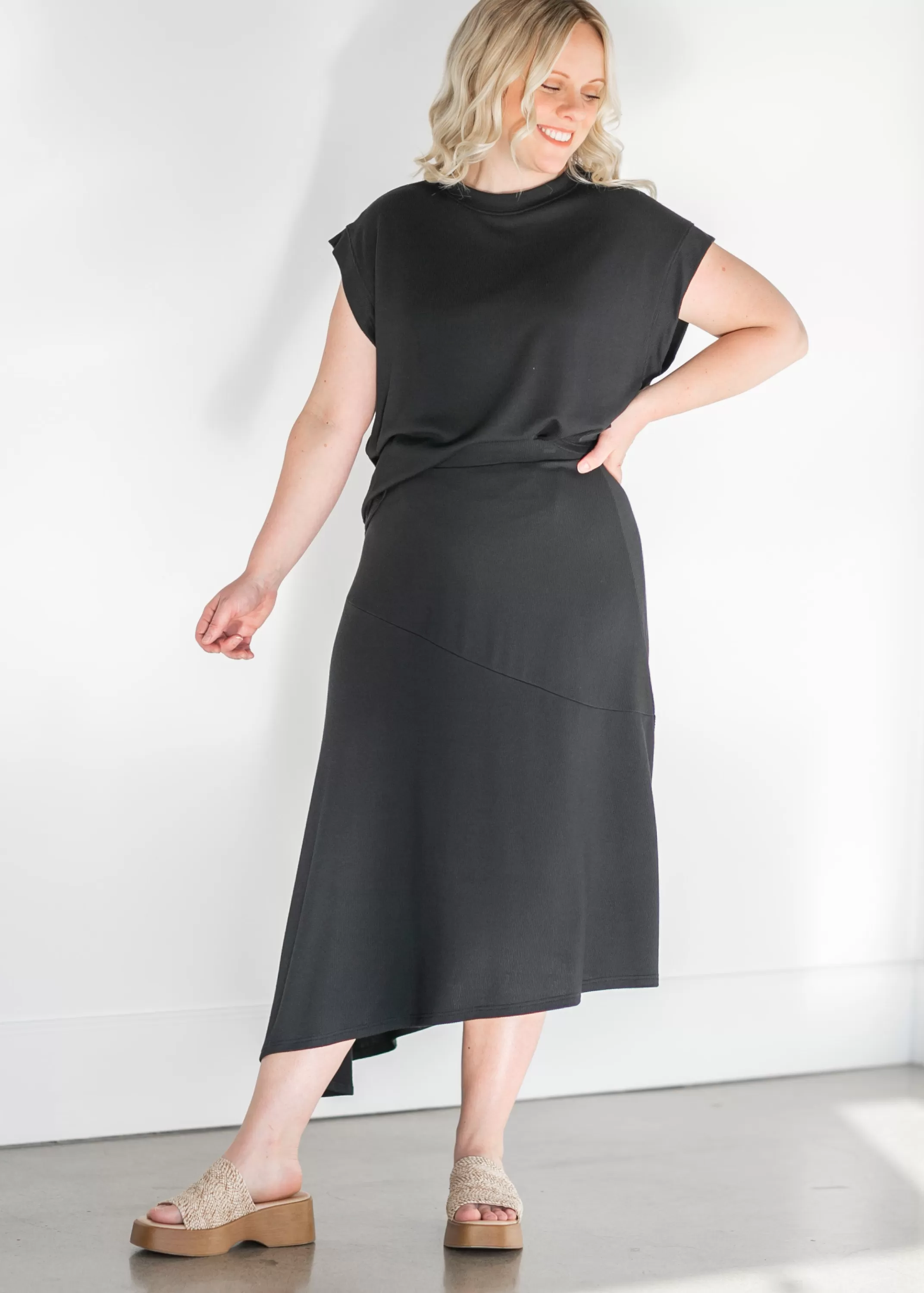 Hot Ribbed Black A-Line Asymmetrical Midi Skirt Women Maternity Friendly
