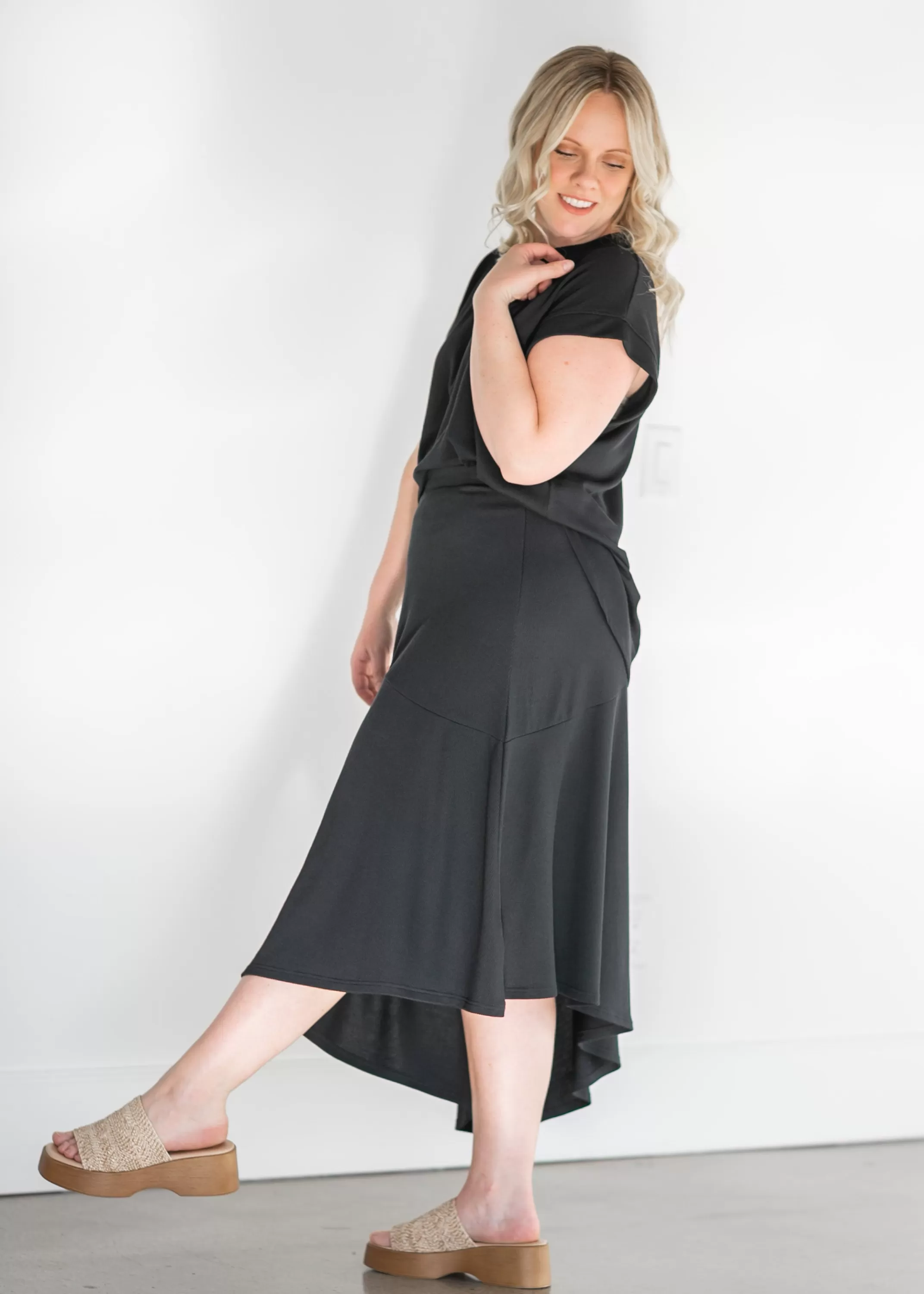 Hot Ribbed Black A-Line Asymmetrical Midi Skirt Women Maternity Friendly