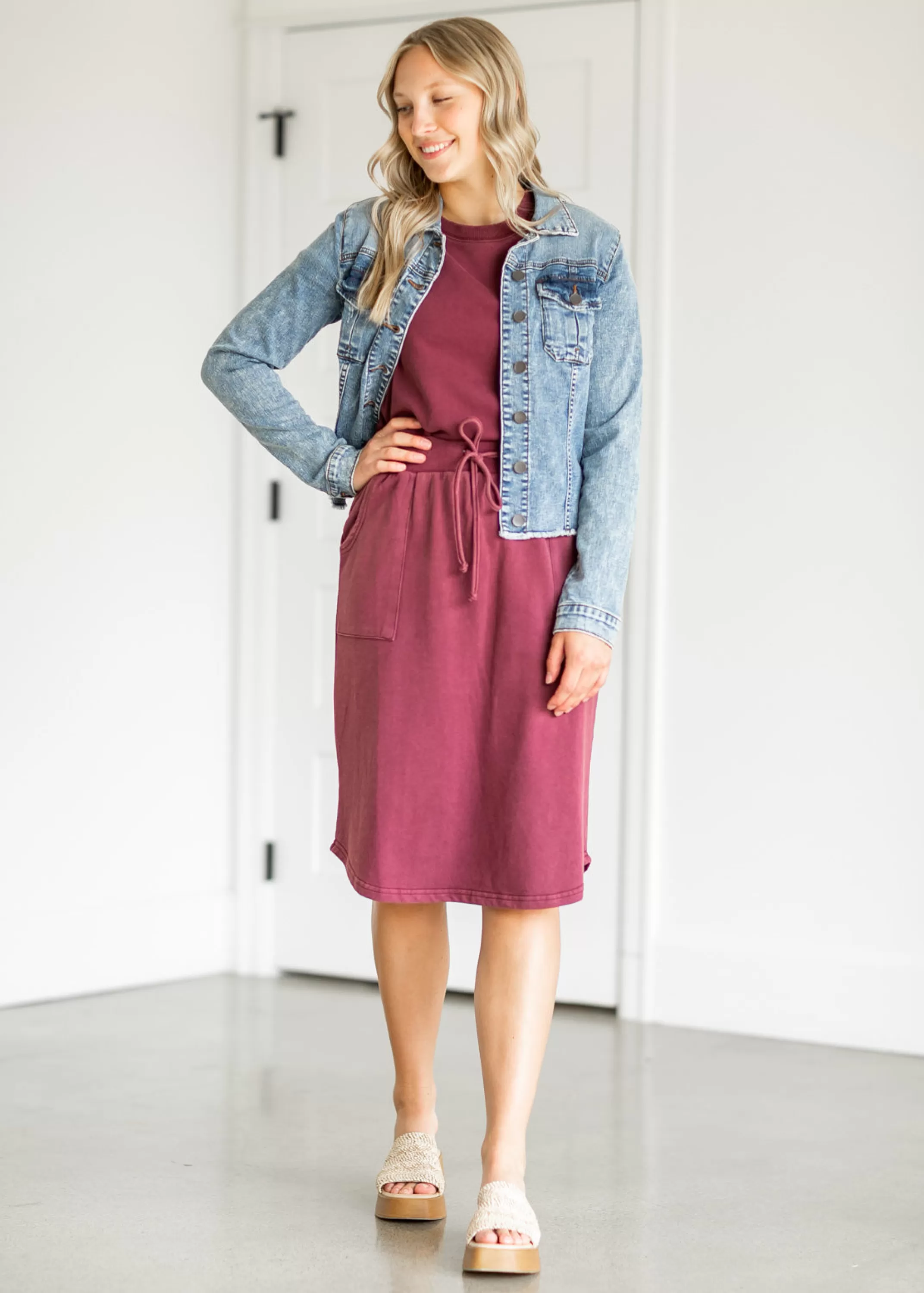 New Ribbed Contrast Washed Midi Skirt Women Straight Fit