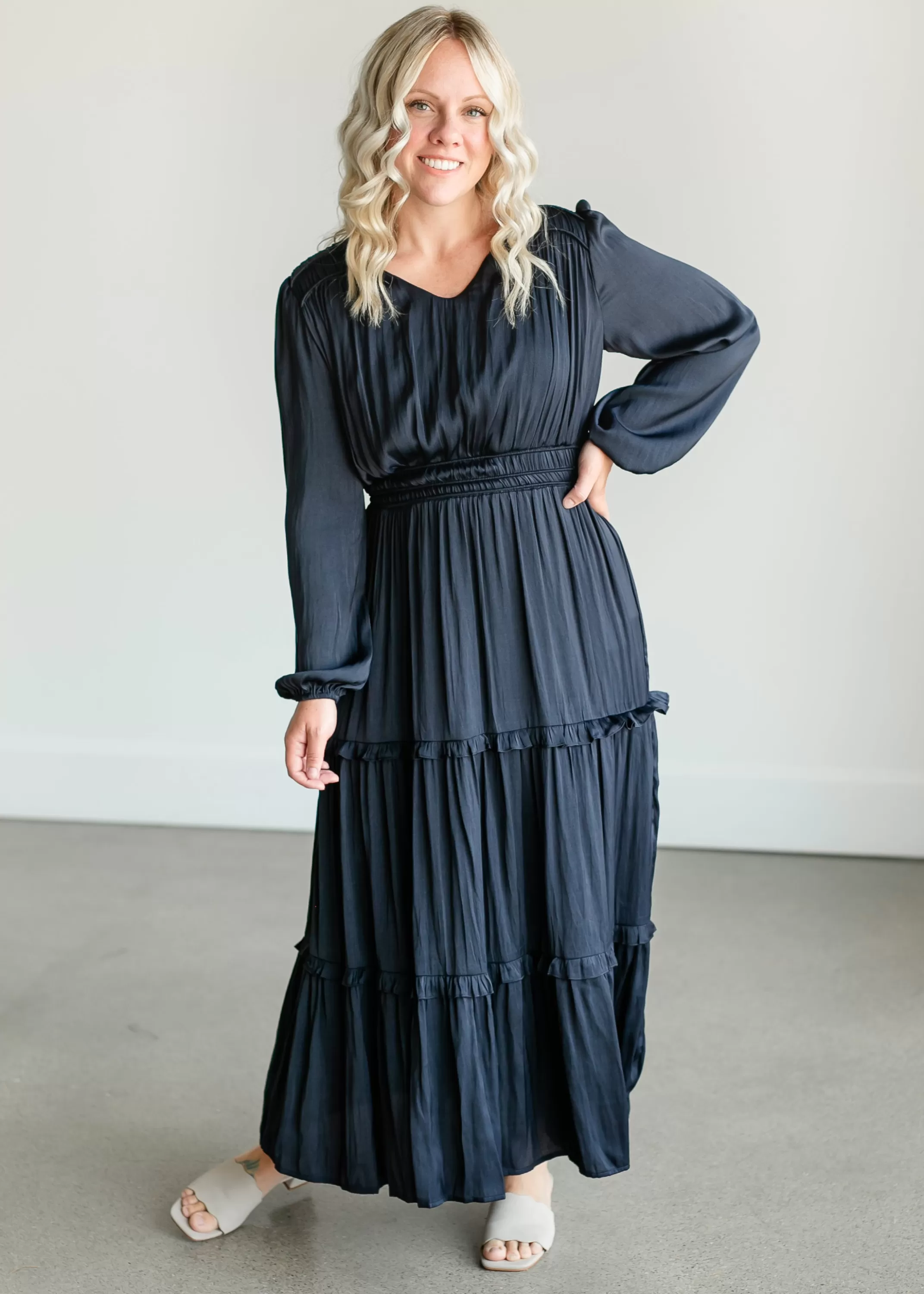 Hot Ruffle Long Sleeve Satin Maxi Dress Women Maternity Friendly