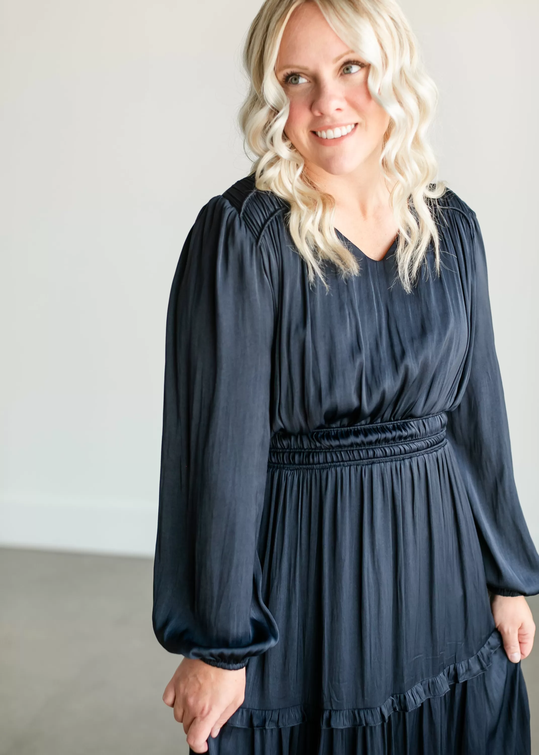 Hot Ruffle Long Sleeve Satin Maxi Dress Women Maternity Friendly