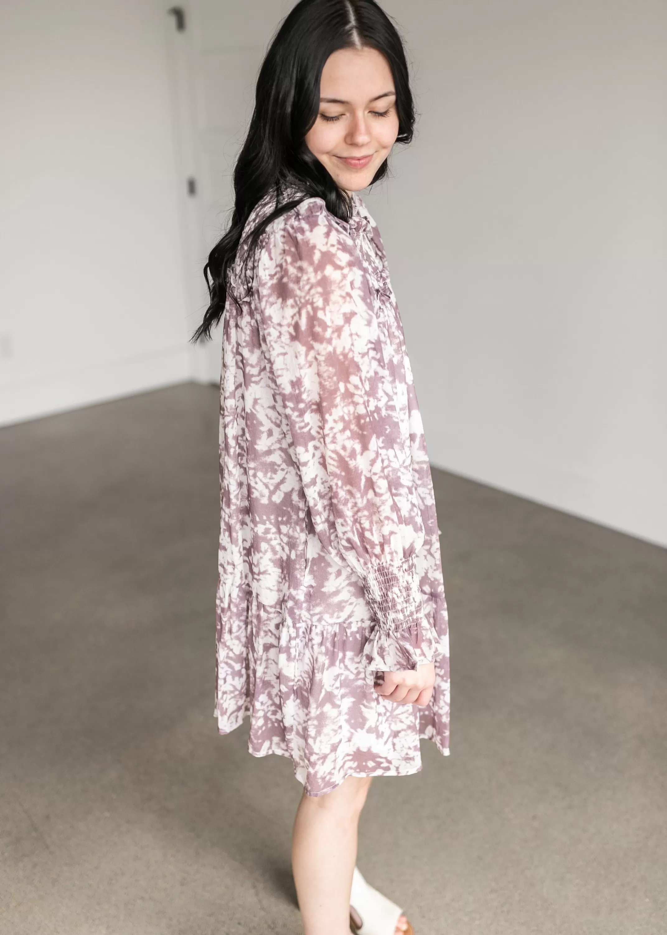 Hot Ruffle Smocked Neck Watercolor Midi Dress Women Maternity Friendly