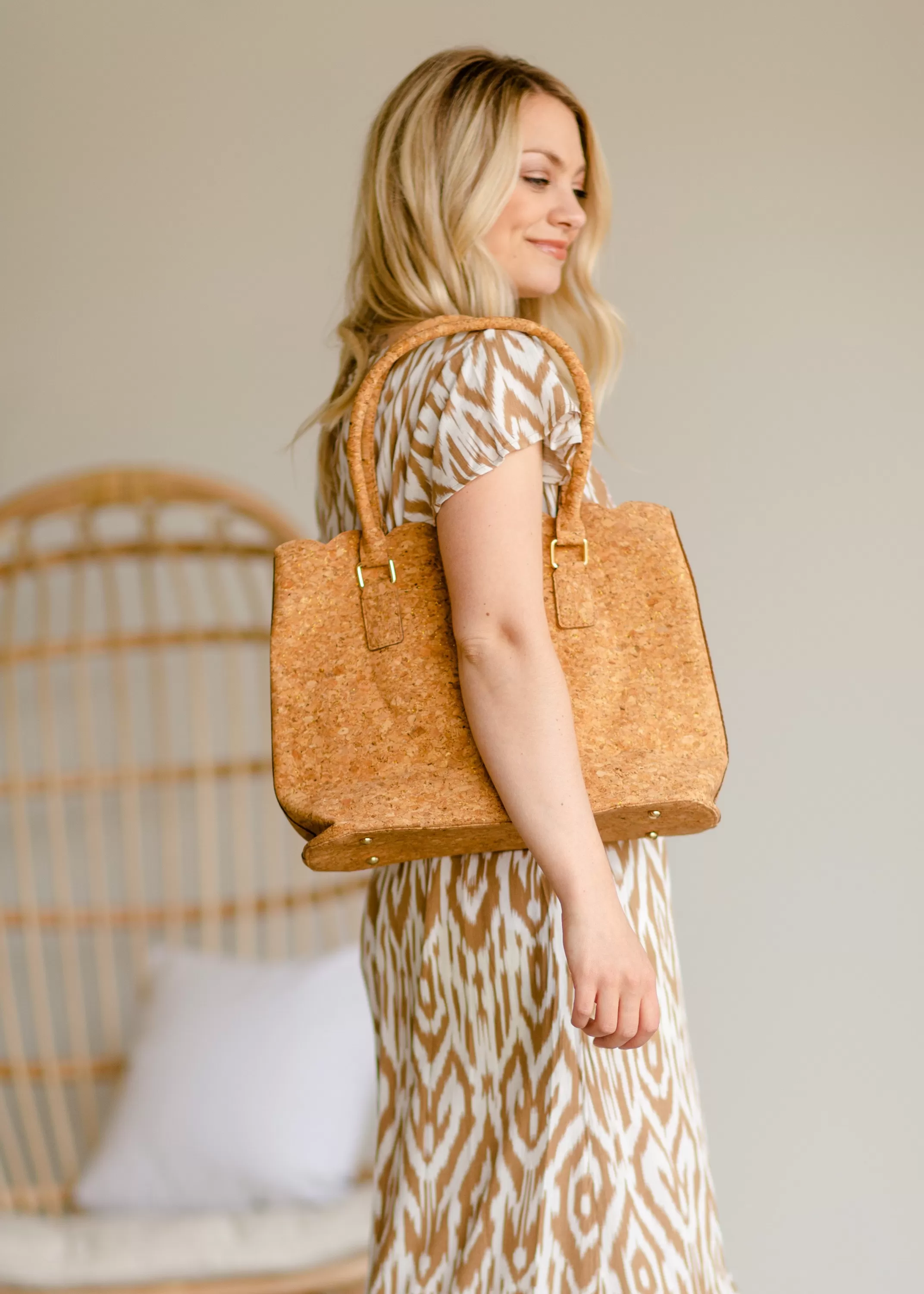 Online Scalloped Top Cork Tote Purse- Final Sale Women Accessories