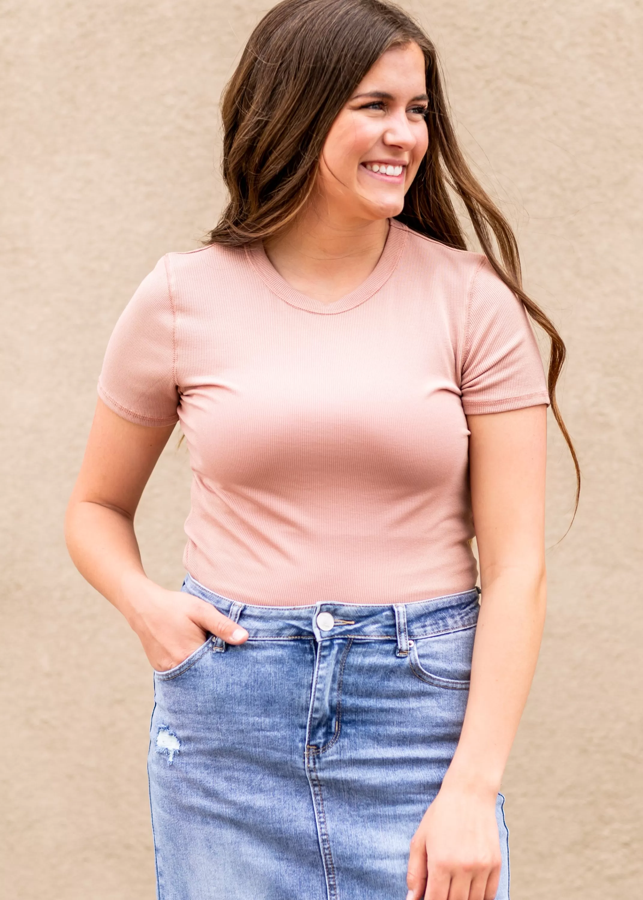 Outlet Short Sleeve Blush Ribbed T-Shirt Women Short Sleeve